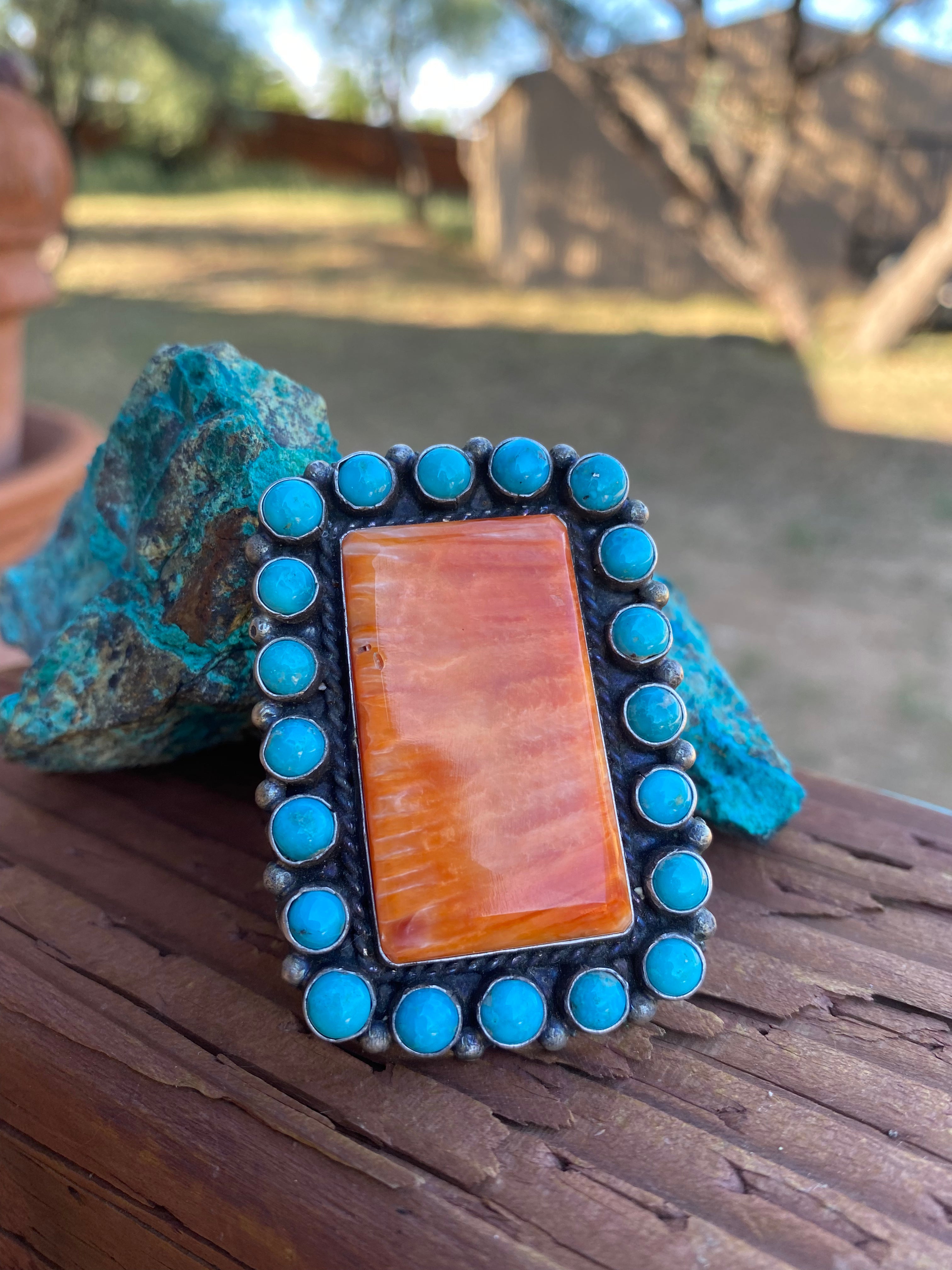 Navajo Cluster Turquoise Spiny Oyster Sterling Silver Ring Sz 8