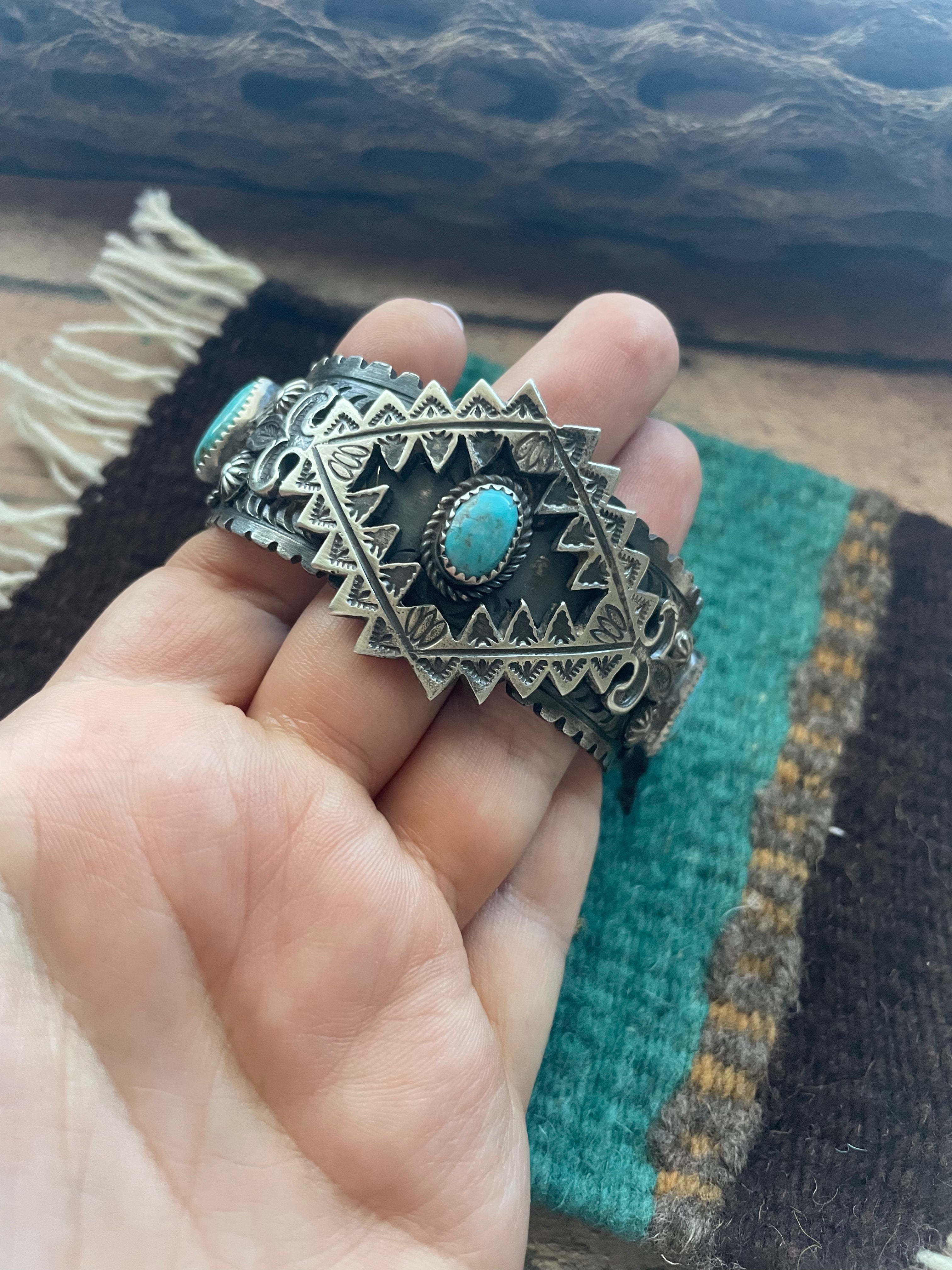 Navajo Sterling Cuff & Kingman Turquoise Cuff Bracelet Signed /