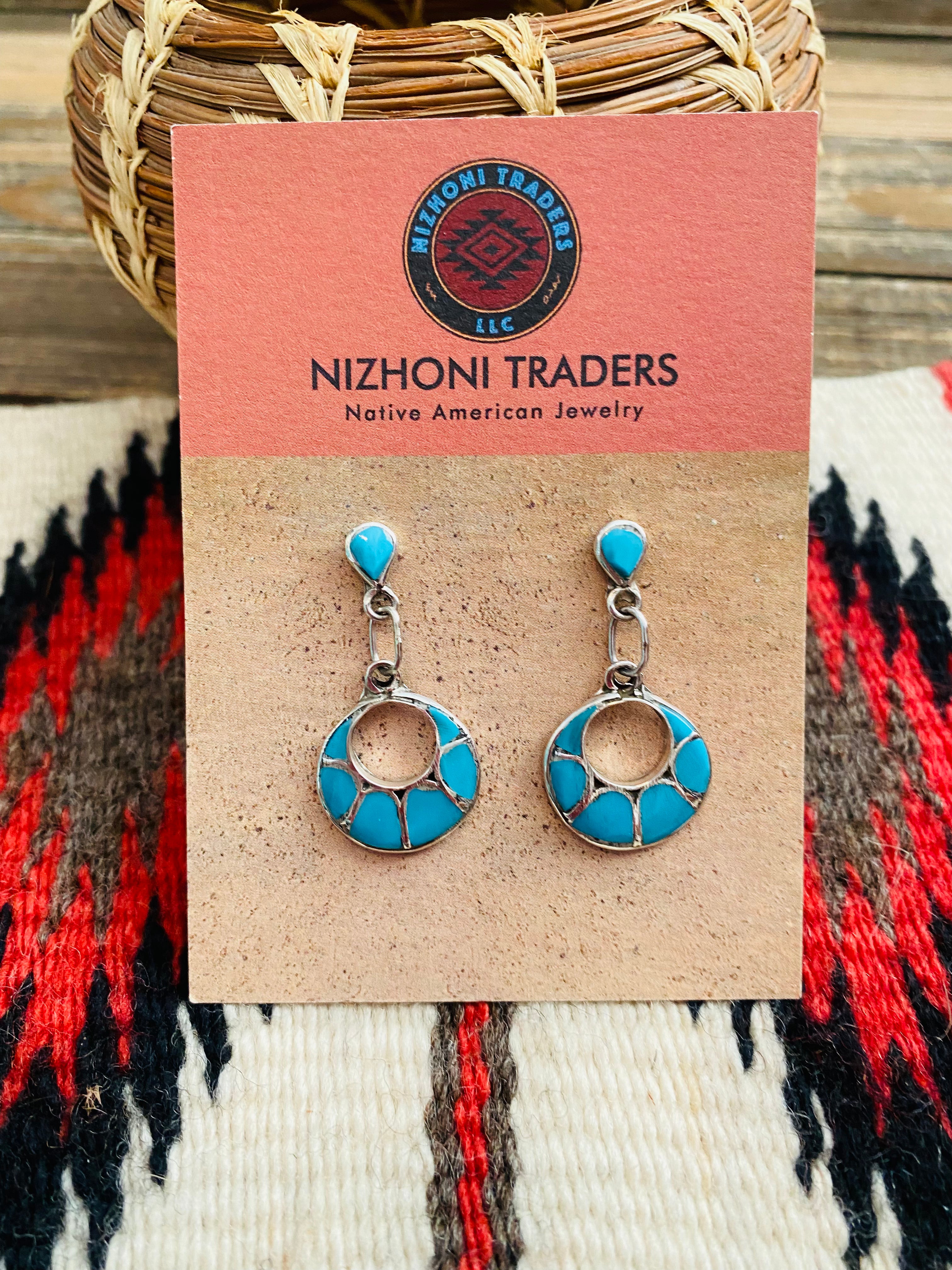 Handcrafted Sterling Silver & Turquoise Inlay Dangle Earrings