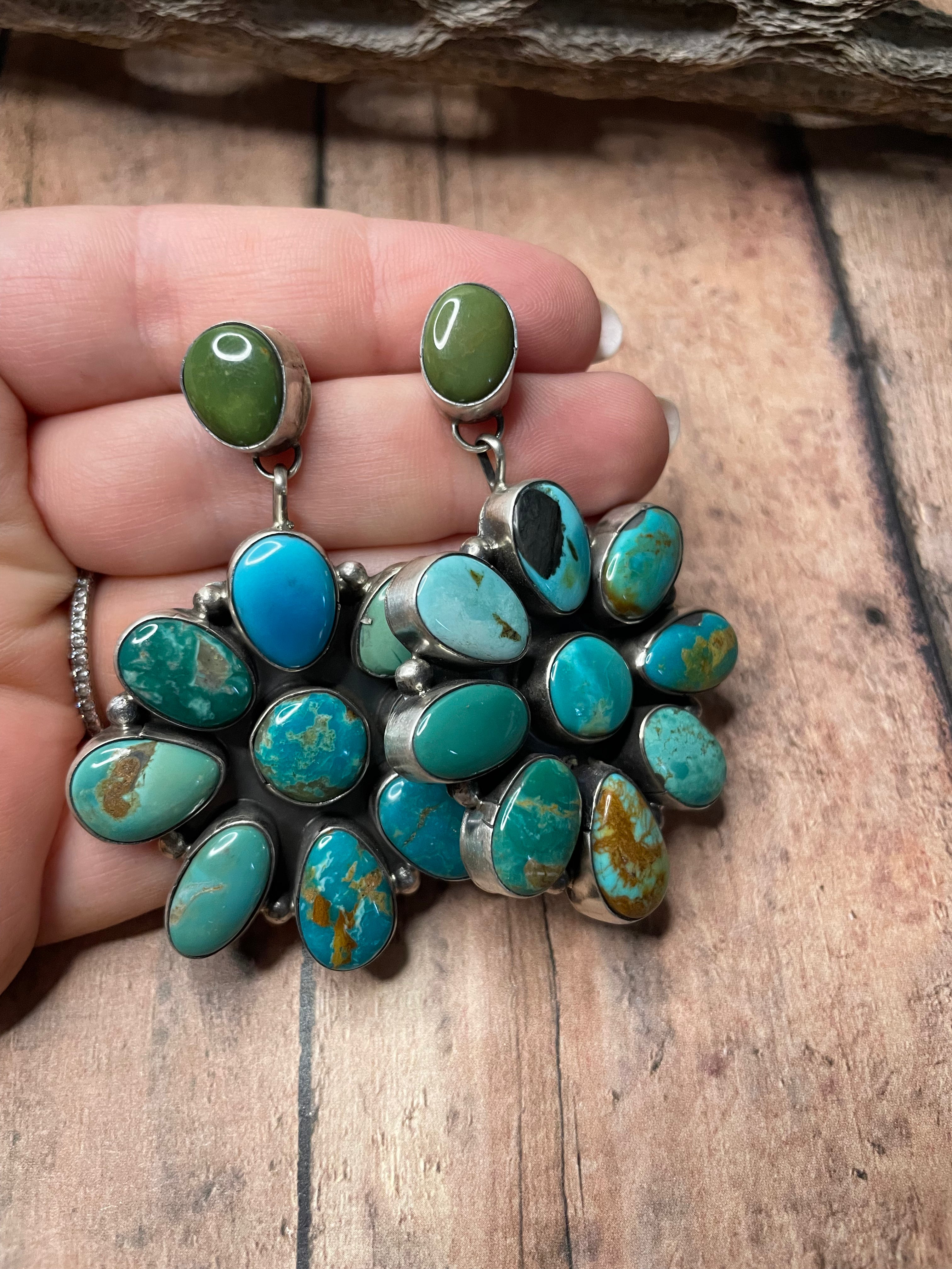 Handcrafted Sterling Silver And Multi Stone Turquoise Dangle Earrings Signed Sheila Becenti