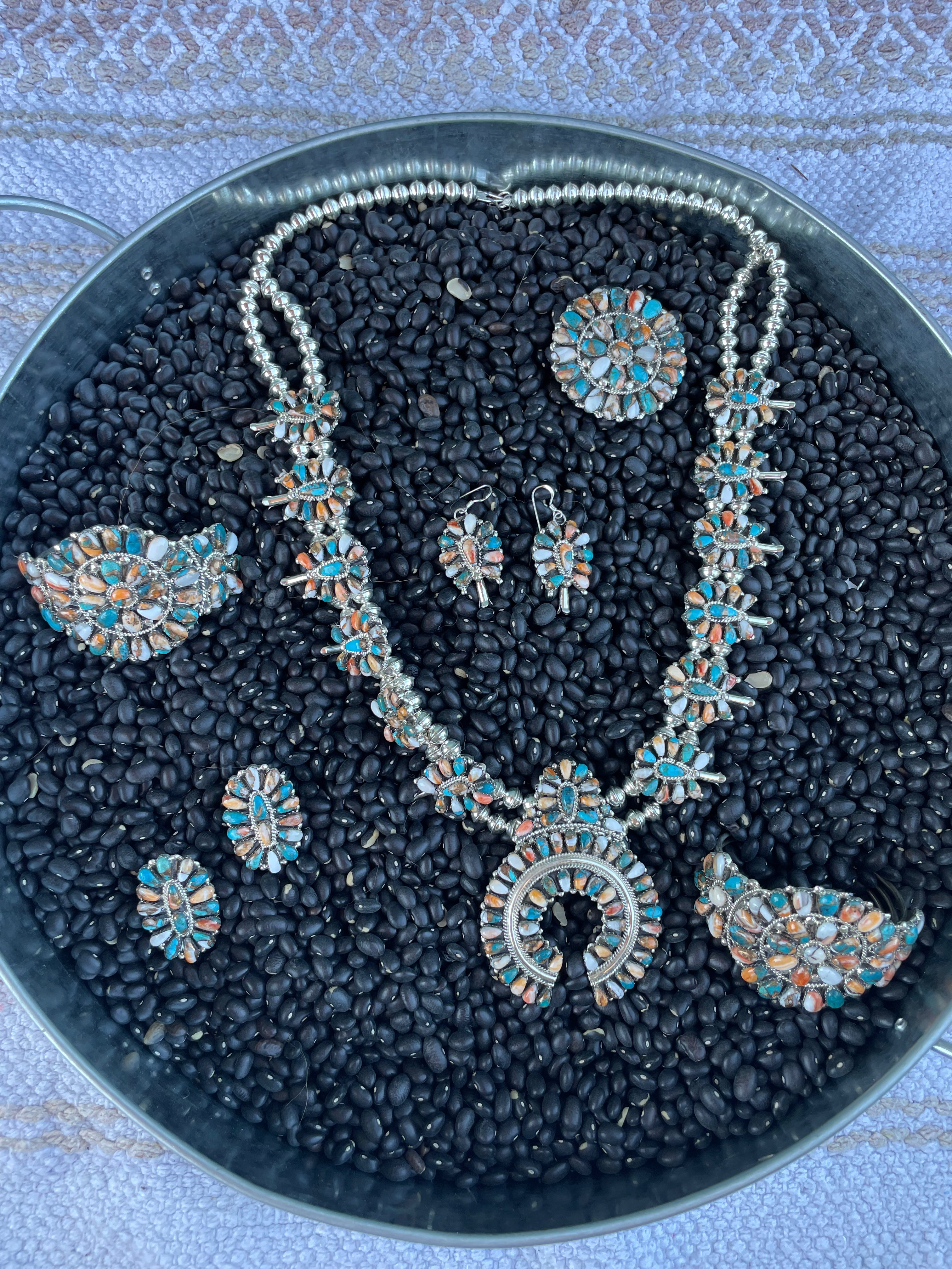 Navajo Multi Stone Spice And Sterling Silver 7 Piece Set, Signed TW