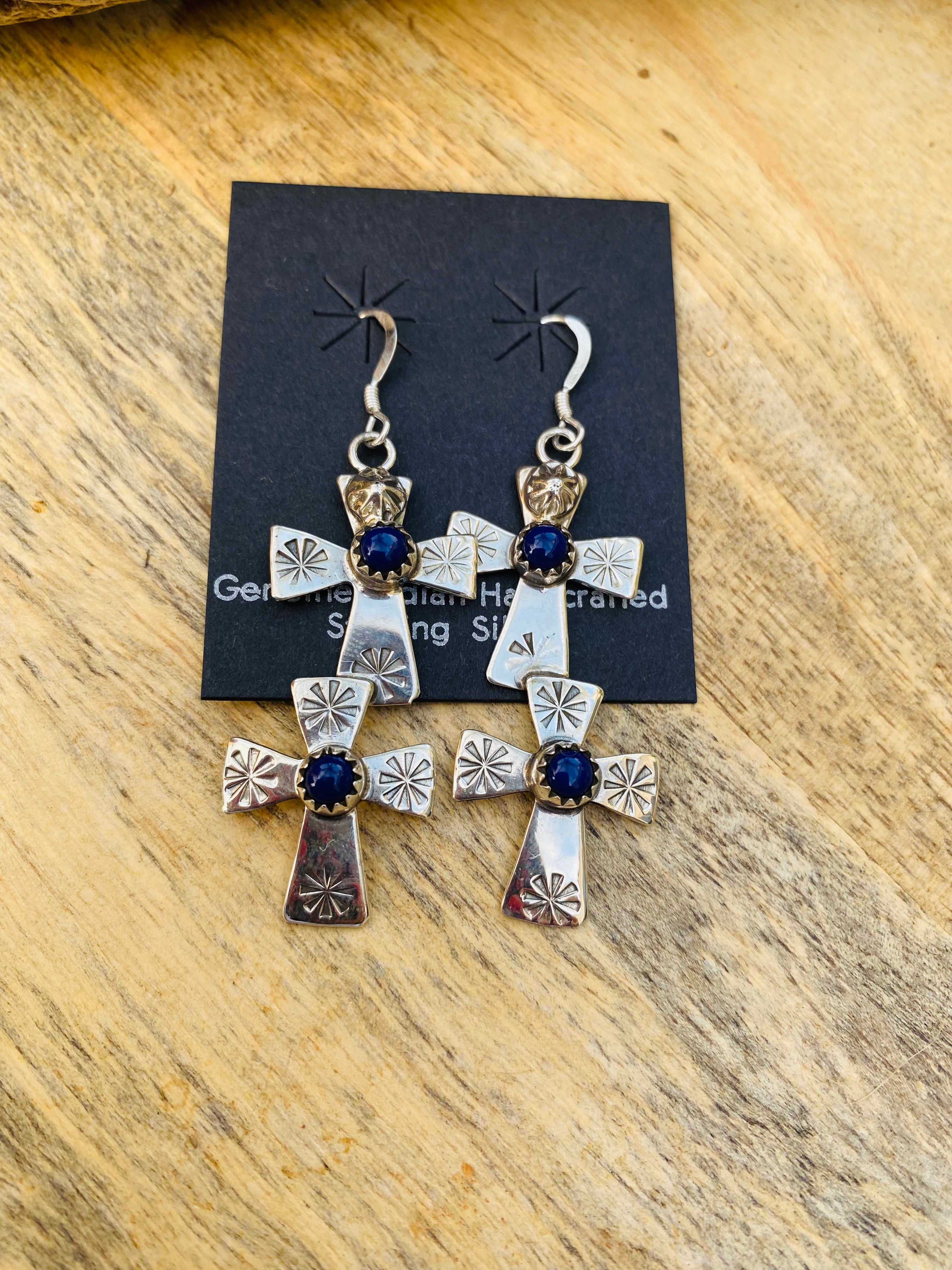 Handcrafted & Hand Stamped Sterling Silver & Lapis Double Cross Dangle Earrings