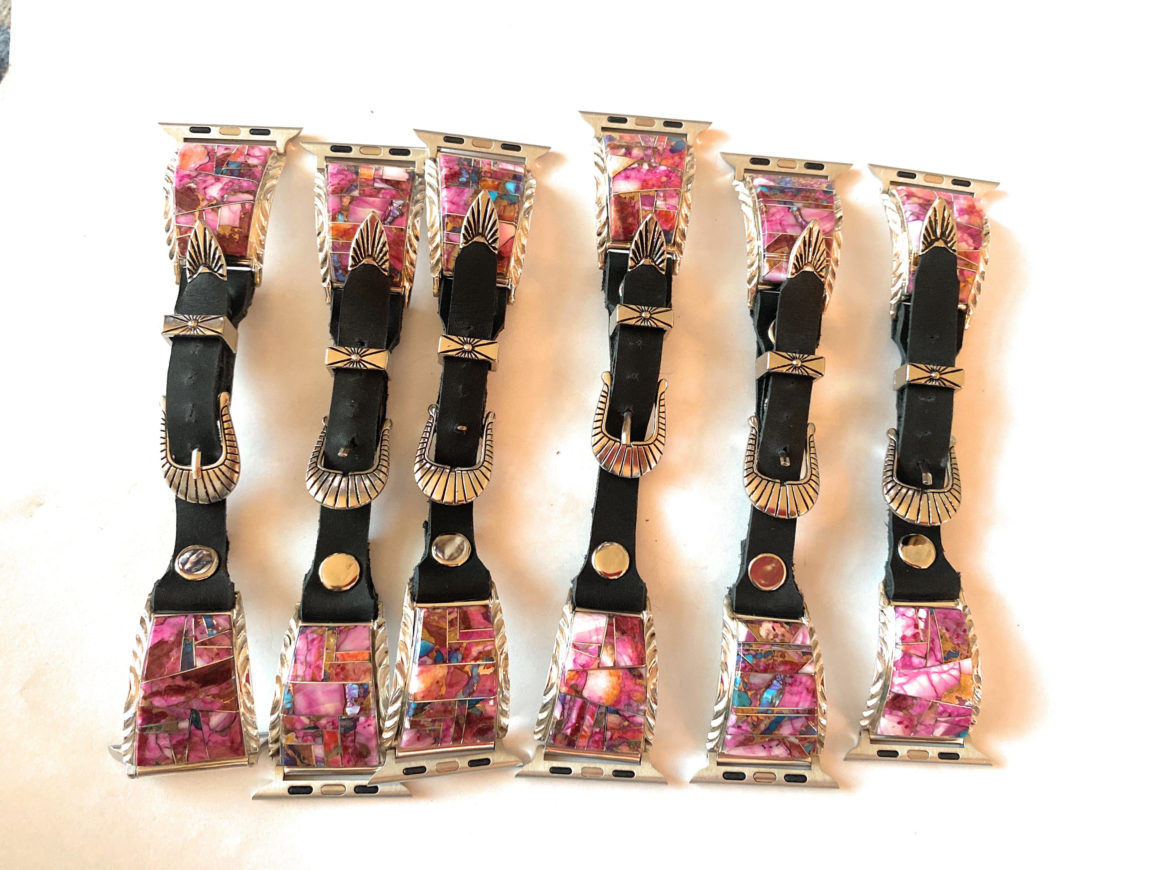 Navajo Pink Dream Mohave, Sterling Silver & Black Leather Smartphone Watch Band