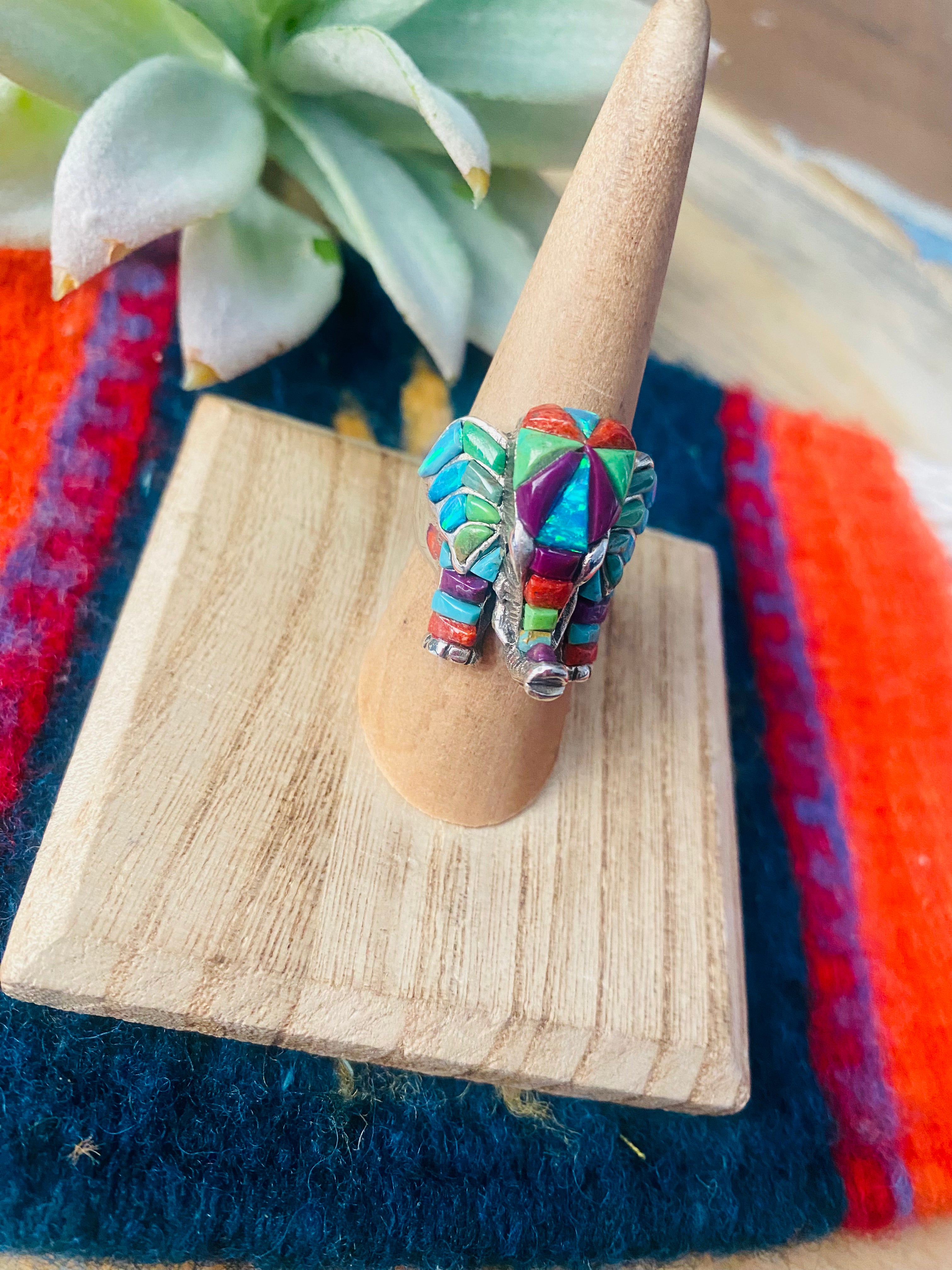 Handmade Sterling Silver & Multi Stone Inlay Elephant Ring Size 6.75