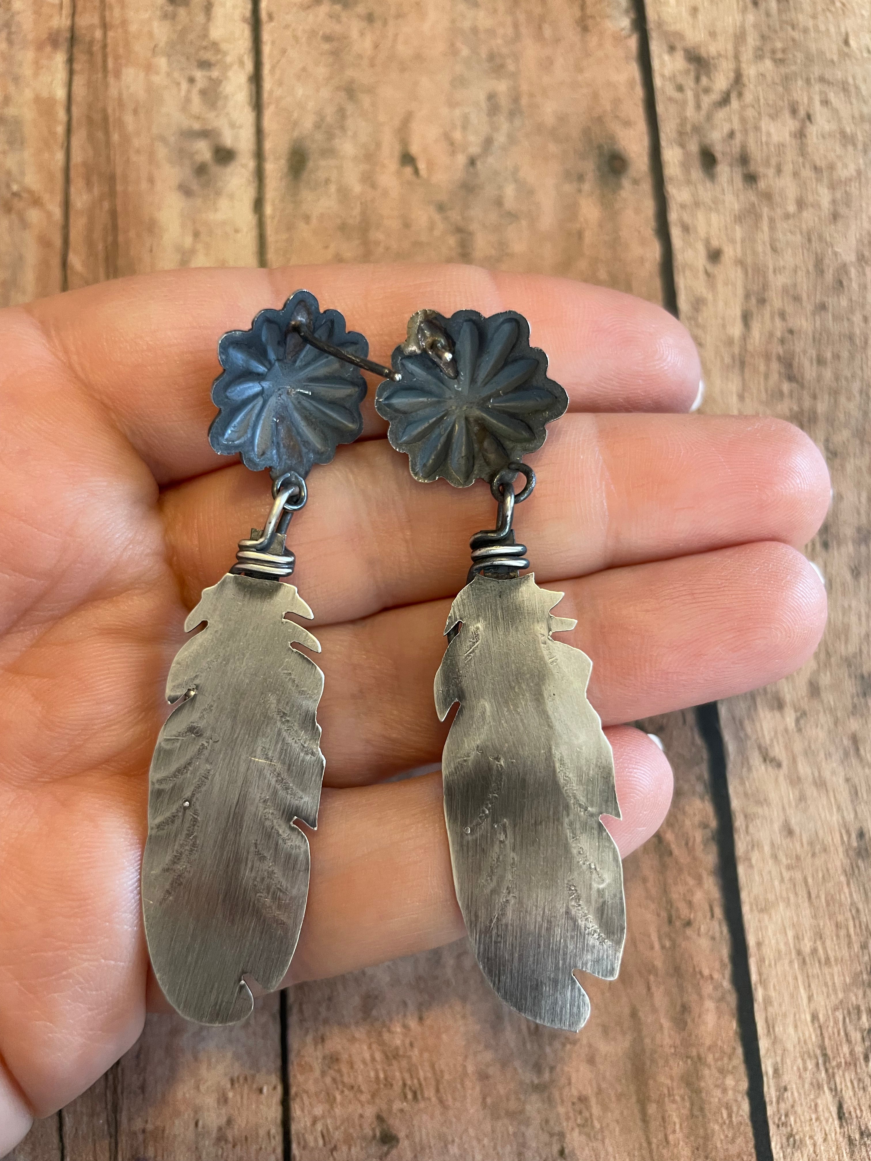 Handcrafted Sterling Silver Turquoise Feather Dangle Earrings