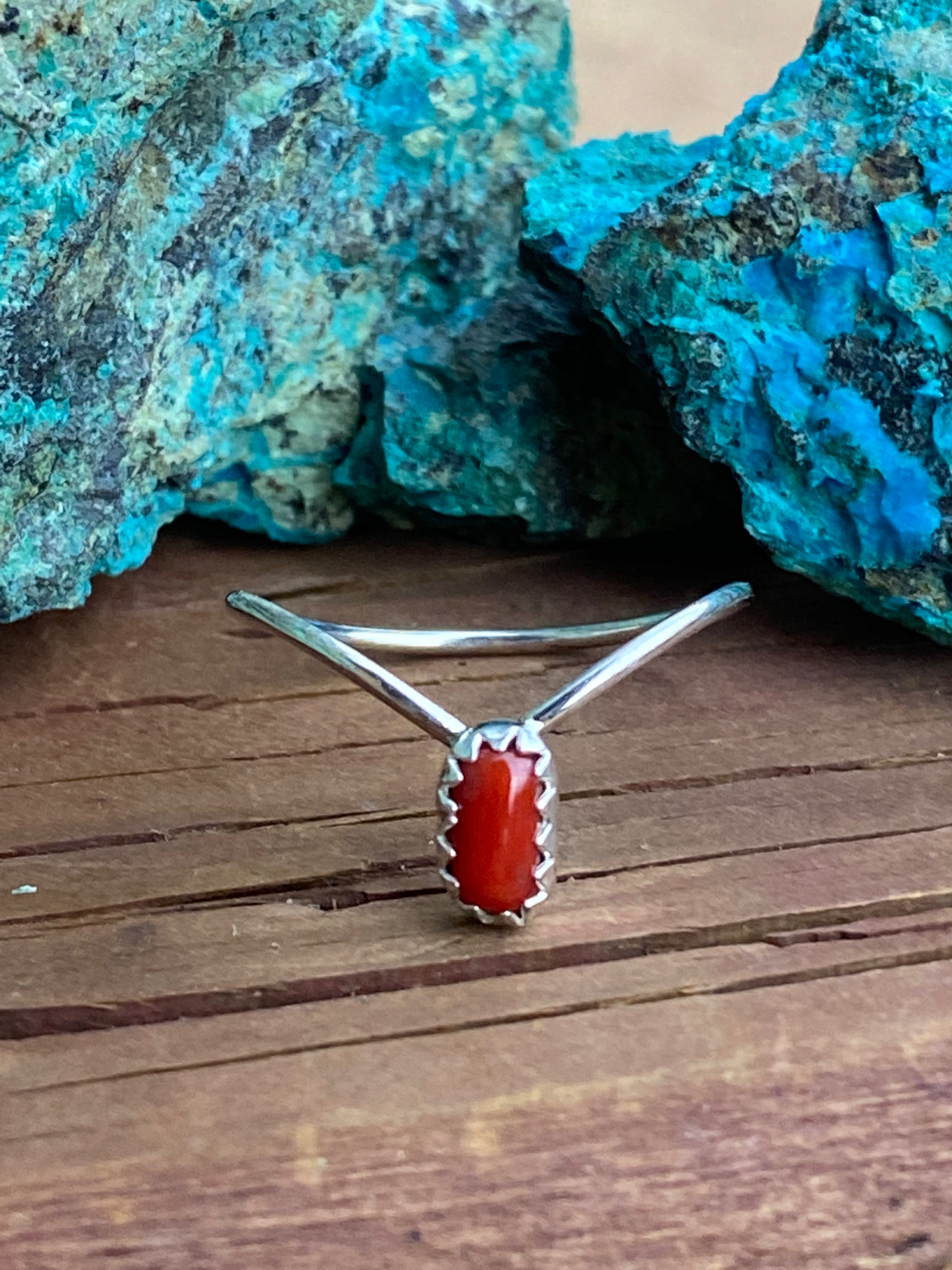 Handcrafted Natural Coral & Sterling Silver V Ring