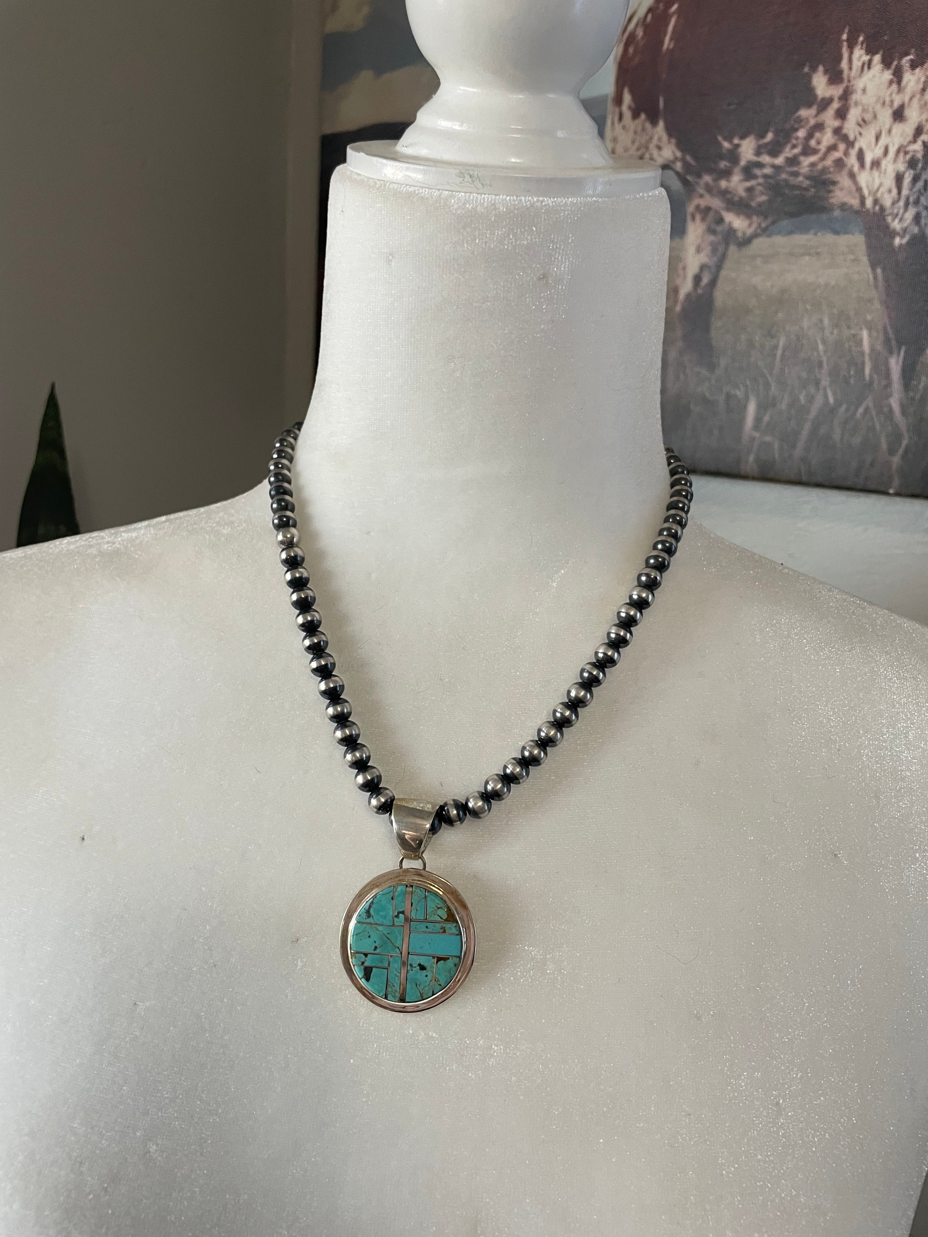 Handcrafted Number 8 Turquoise Inlay & Sterling Silver Circle Pendant