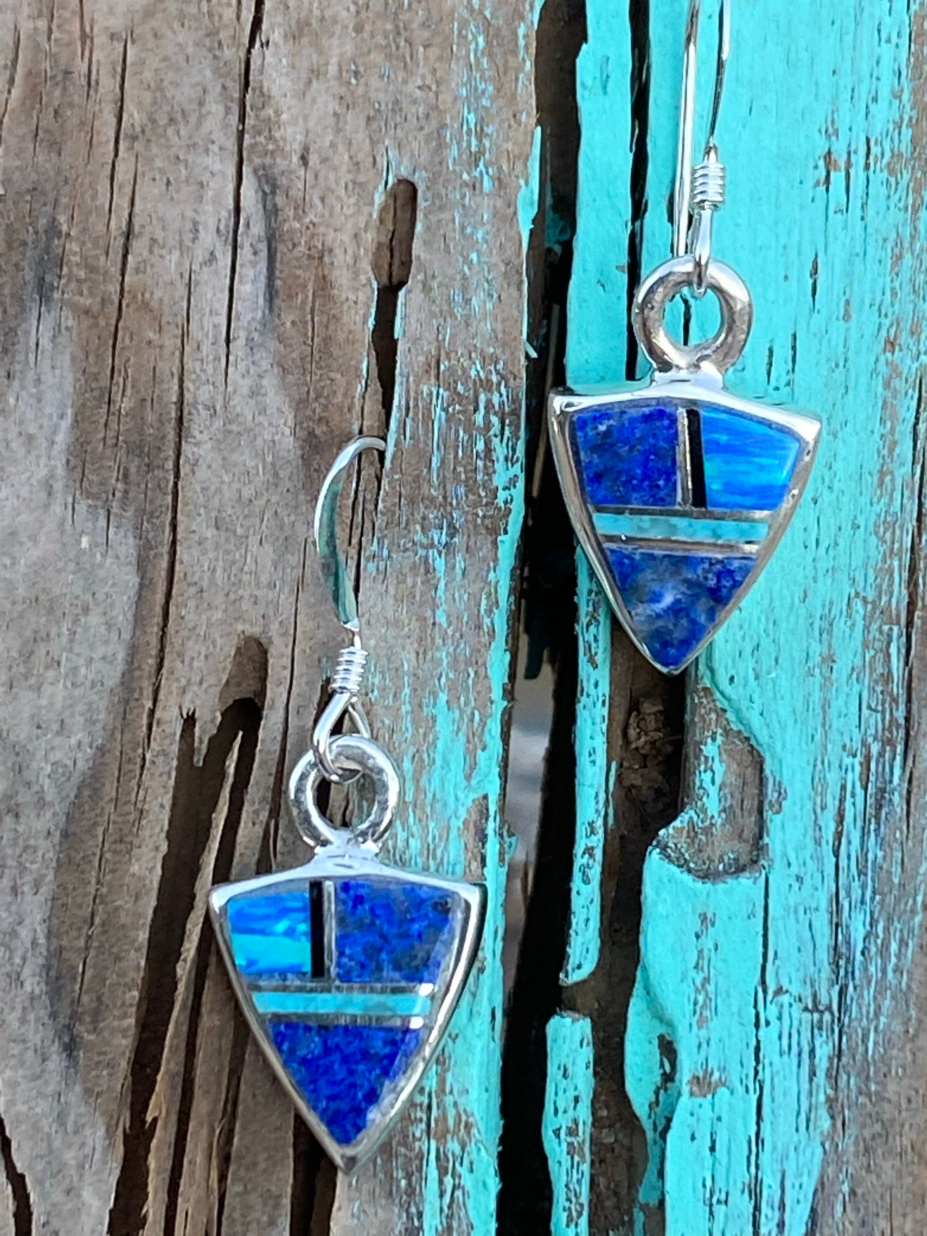 Handcrafted Lapis, Turquoise, Blue Opal Mini Triangle Dangle Earrings