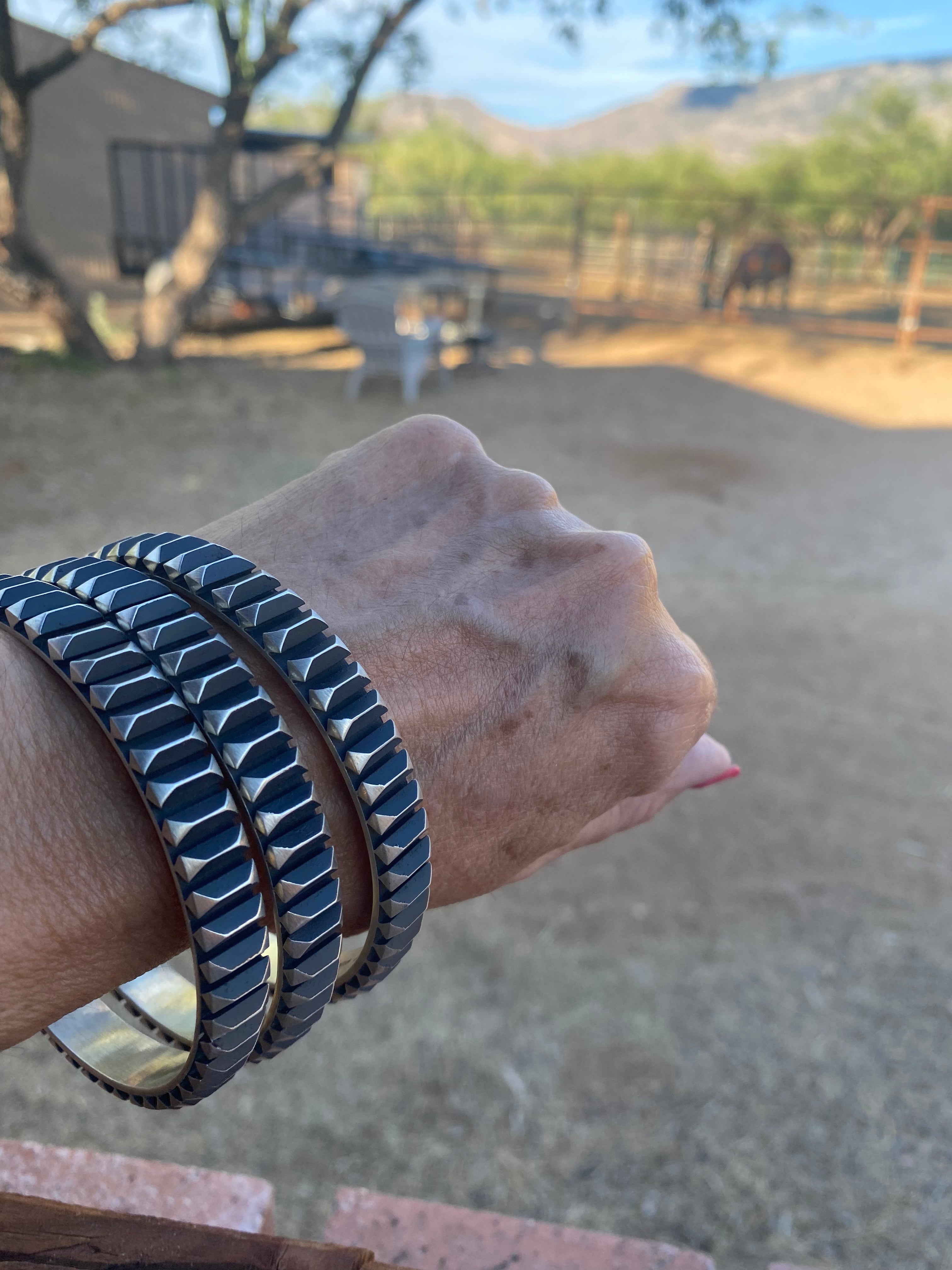 Leander Tahe Hand Stamped Sterling Navajo Bangle Signed