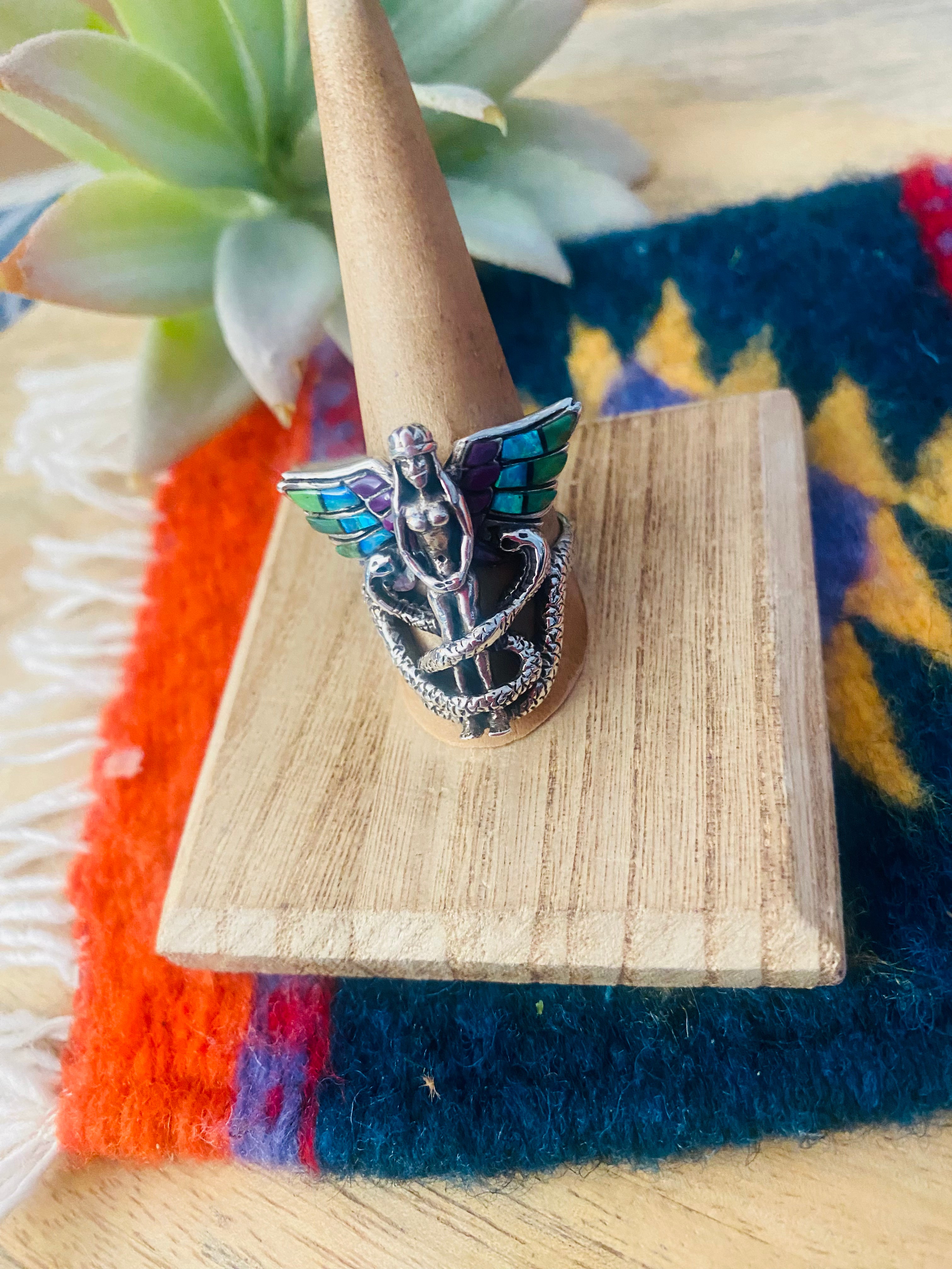 Handmade Sterling Silver & Multi Stone Inlay Snake Queen Ring Size 9.5