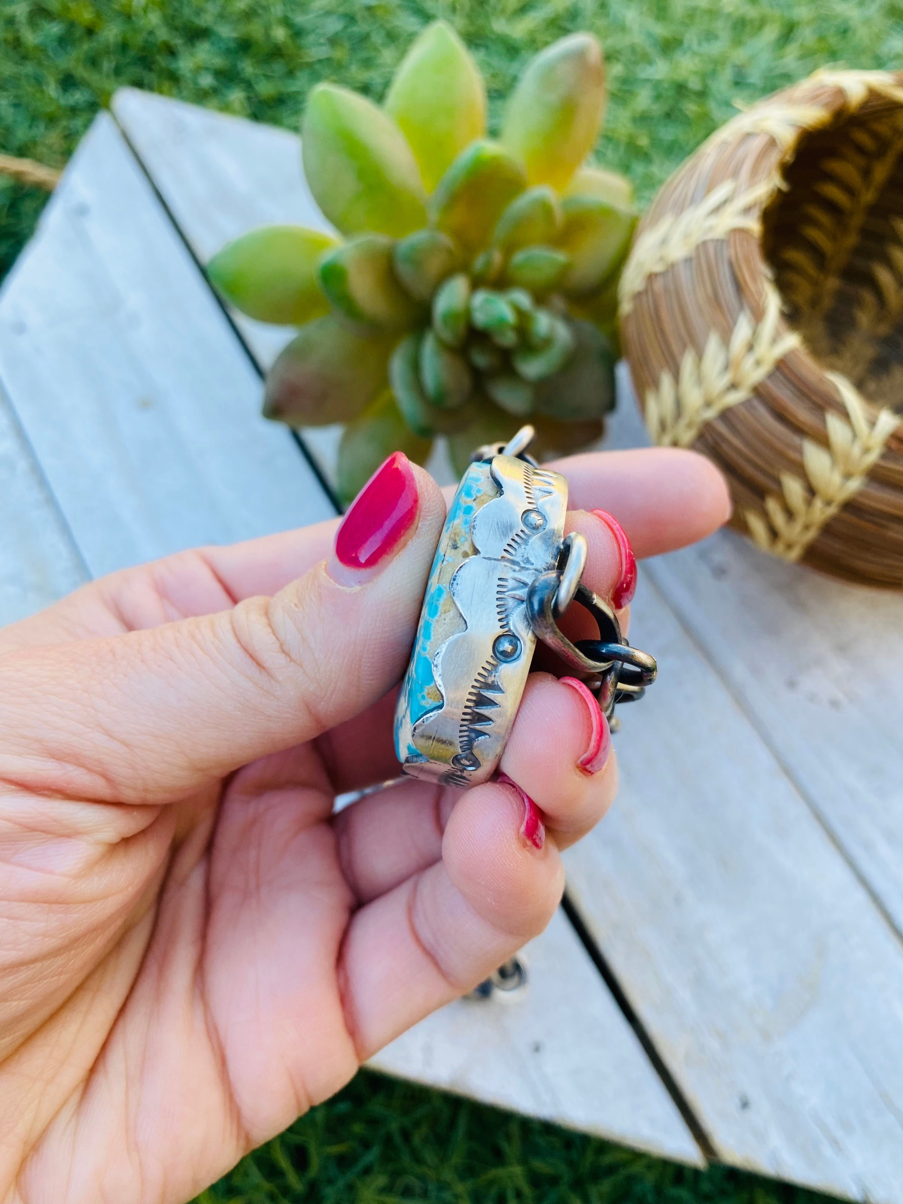 Handcrafted Number 8 Turquoise & Sterling Silver Necklace Signed