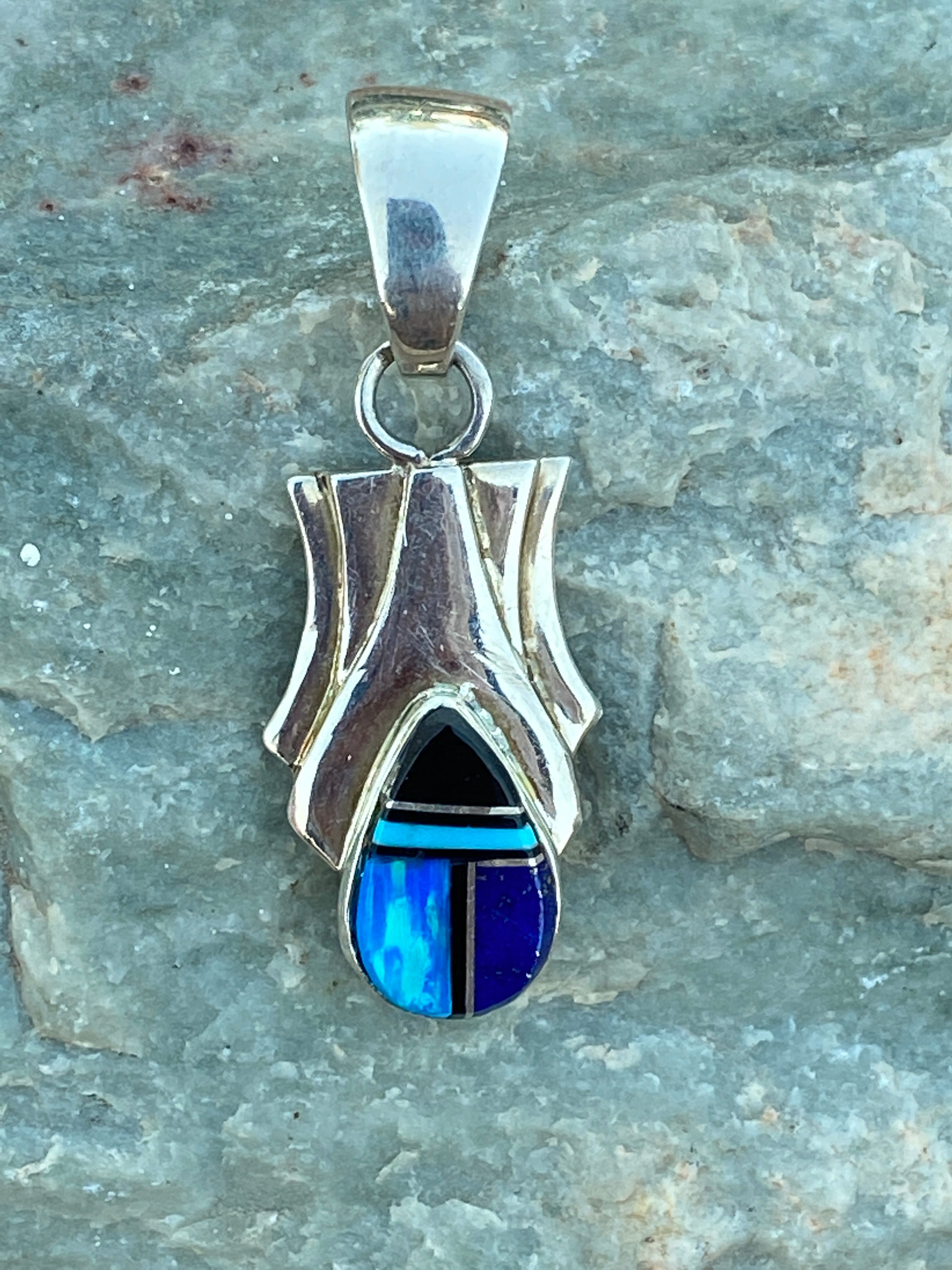 Handcrafted Lapis, Turquoise, Blue Opal Pendant