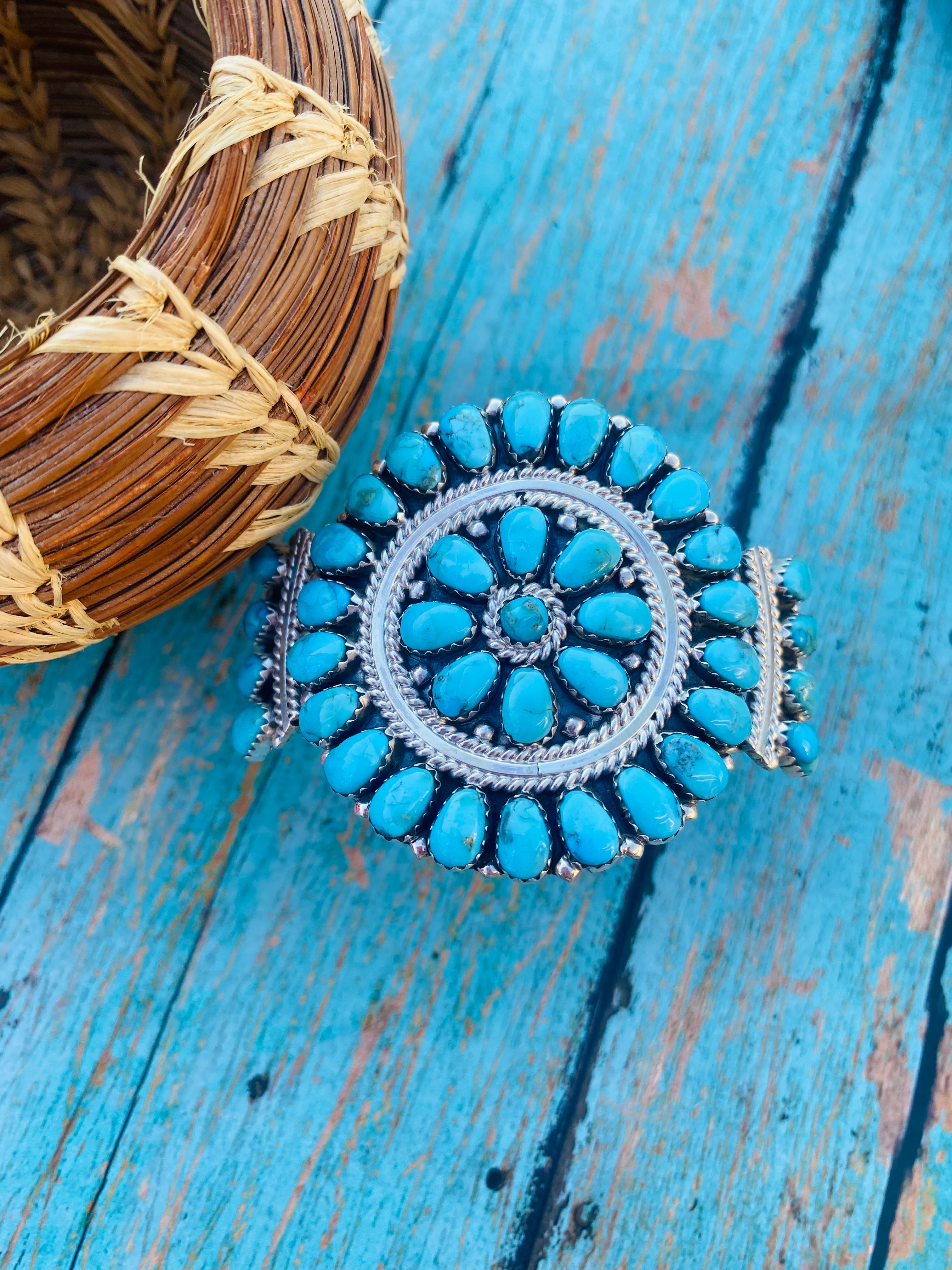 Navajo Kingman Turquoise & Sterling Silver Cluster Bracelet Cuff /