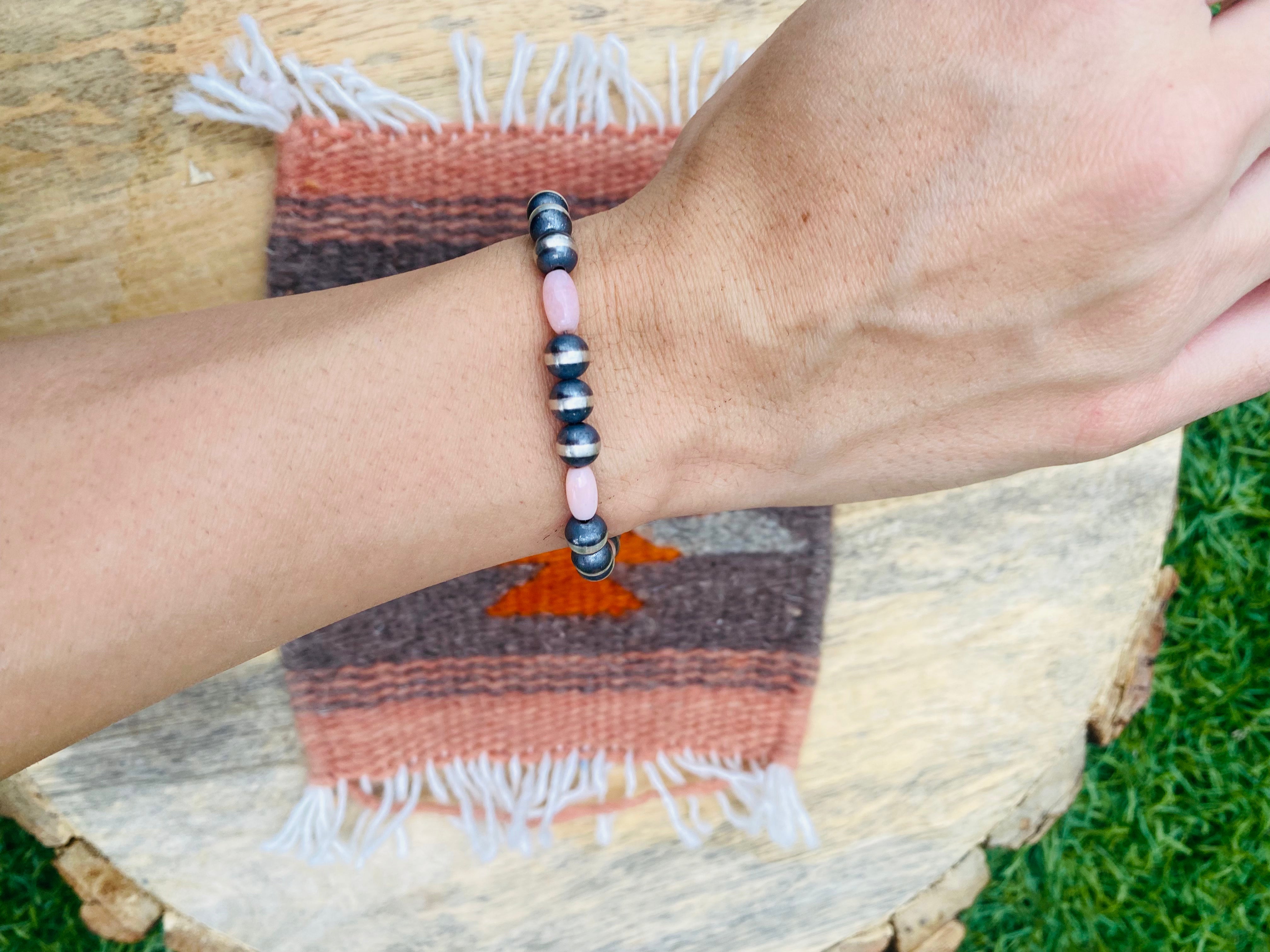 Handcrafted 6mm Sterling Silver Pearl & Pink Opal Beaded Bracelet