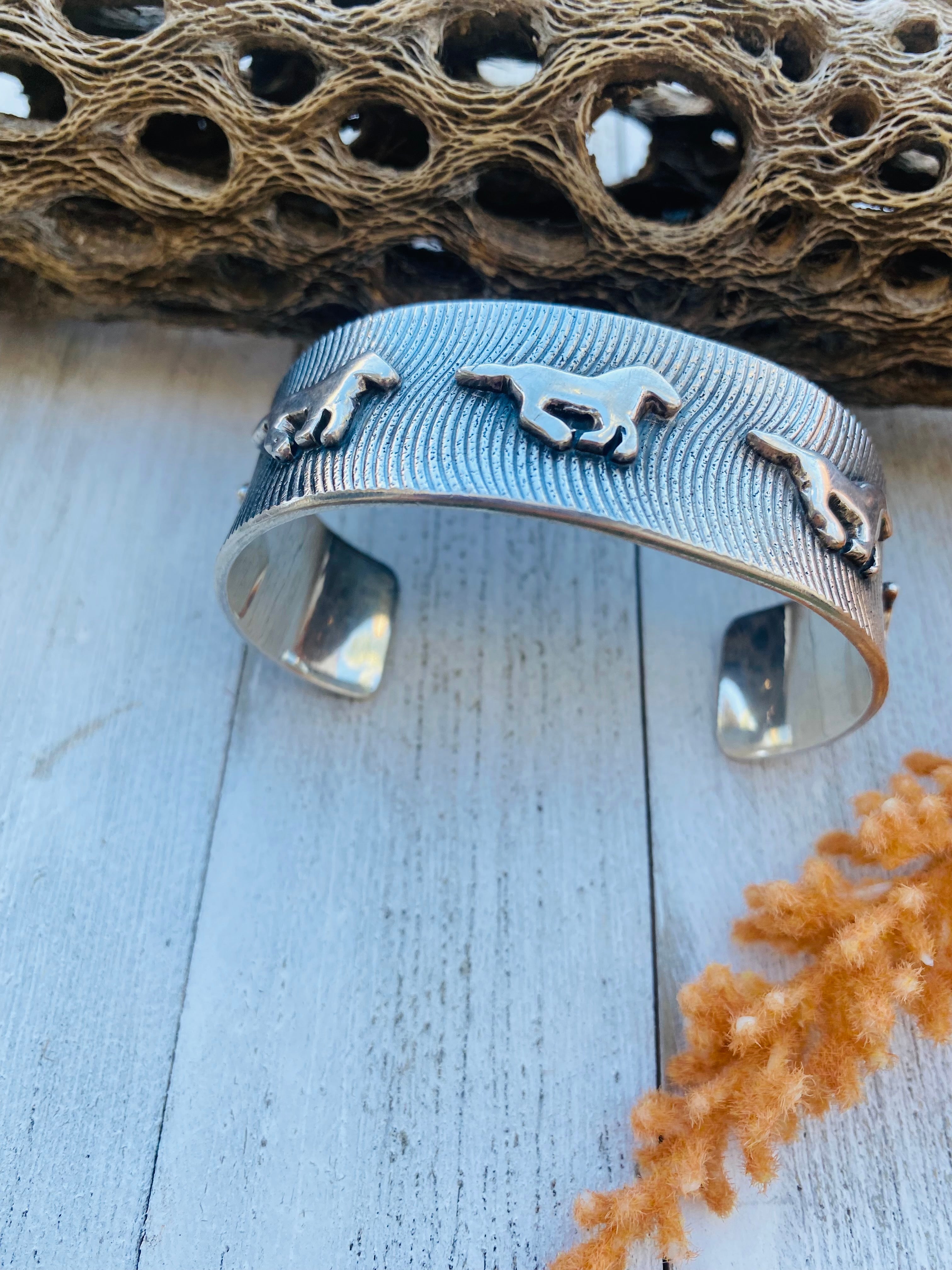 Handcrafted Sterling Silver Horses Cuff Signed