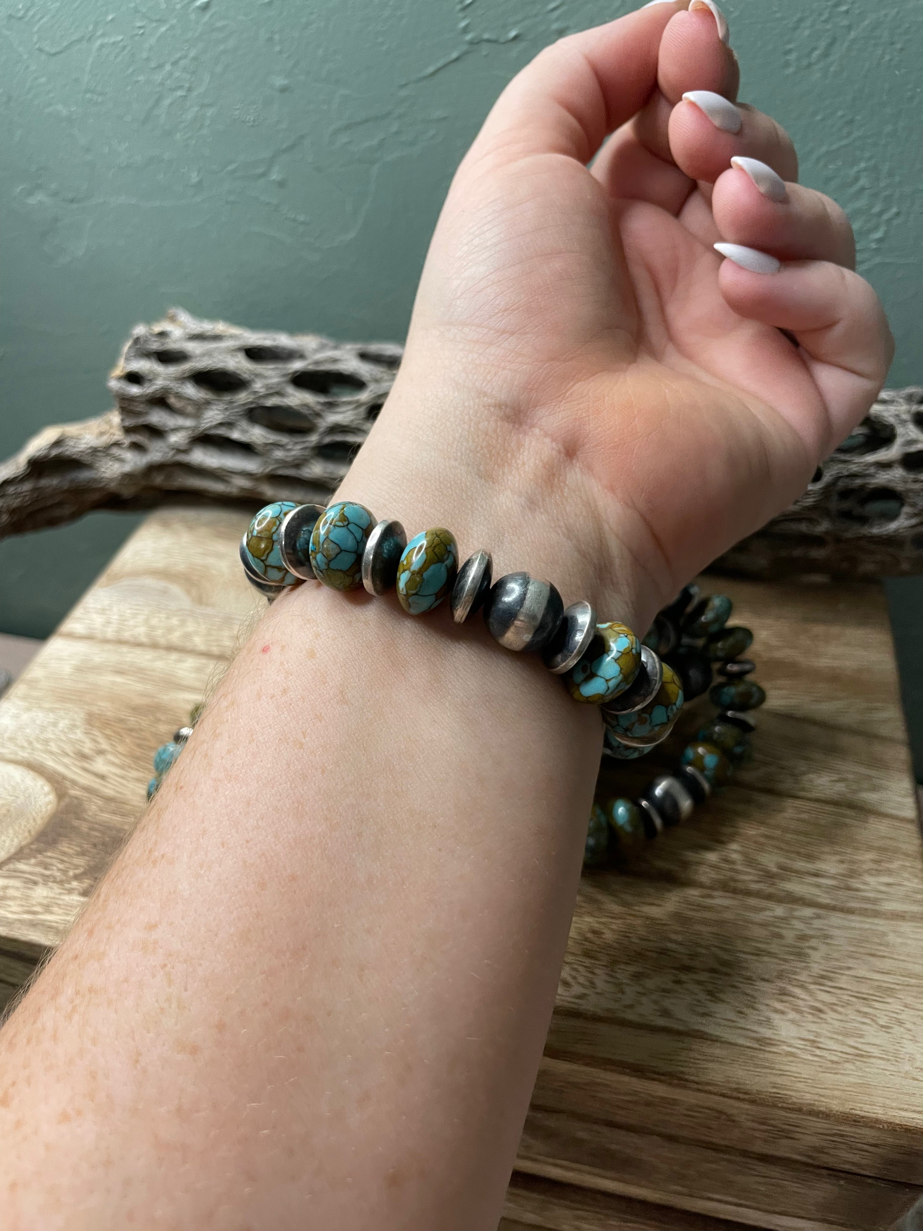 Handcrafted Sterling Silver Stretchy Natural #8 Turquoise Beaded Bracelet 12 mm pearl