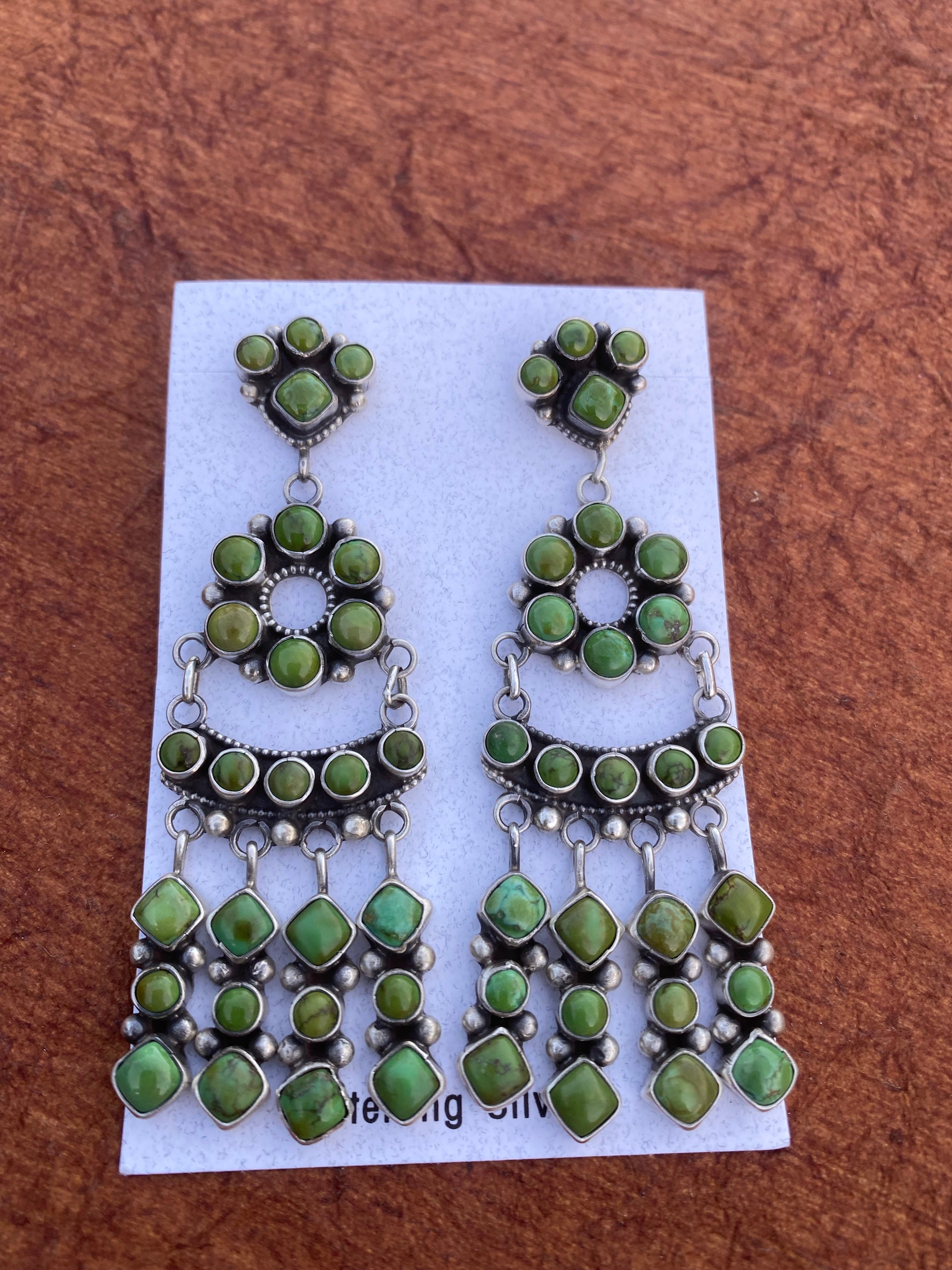 Carico Lake Turquoise & Sterling Silver Cluster Dangle Earrings Signed