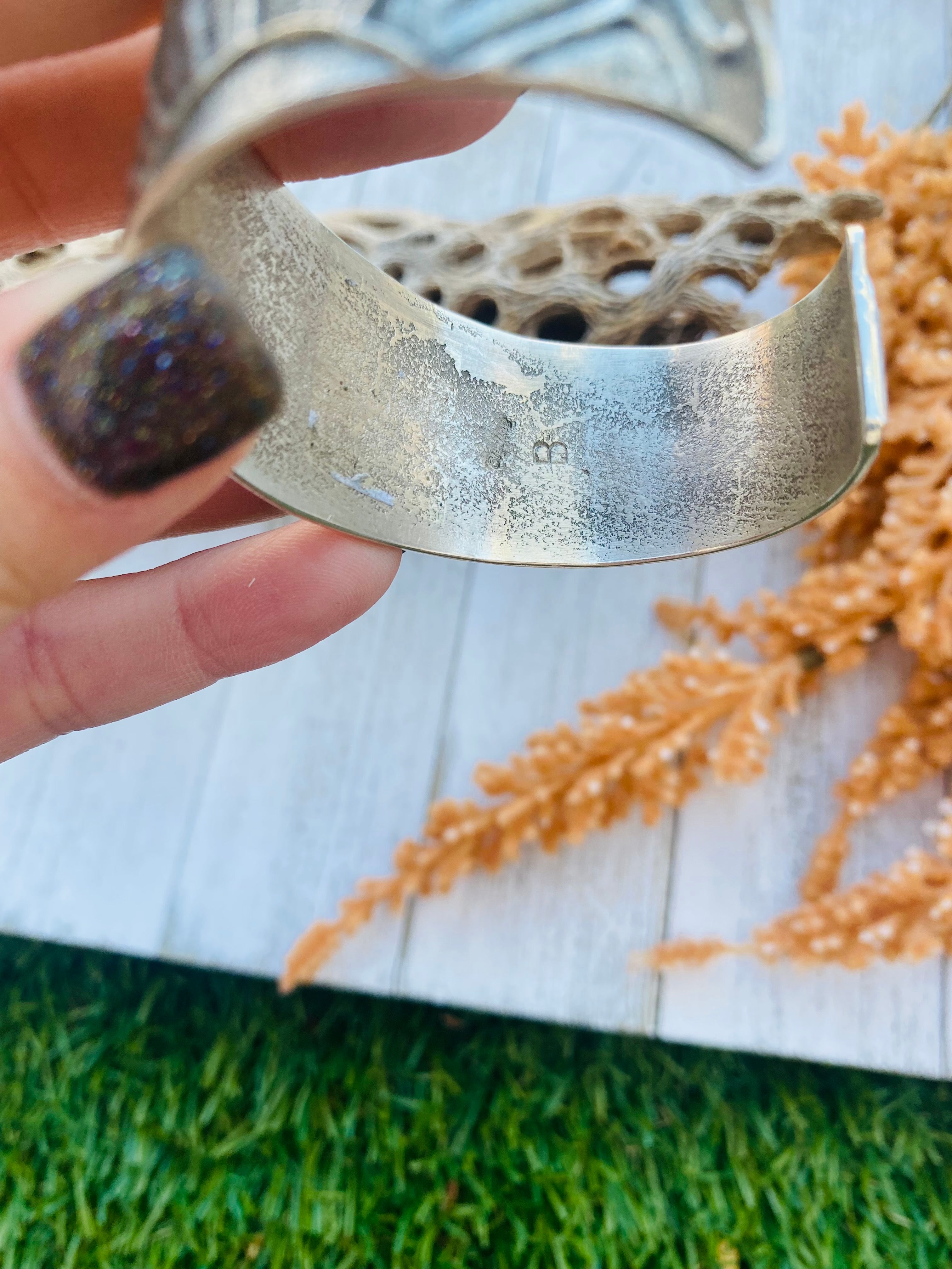 Handcrafted Vintage Sterling Silver Tufa Cast Hummingbird Cuff Bracelet