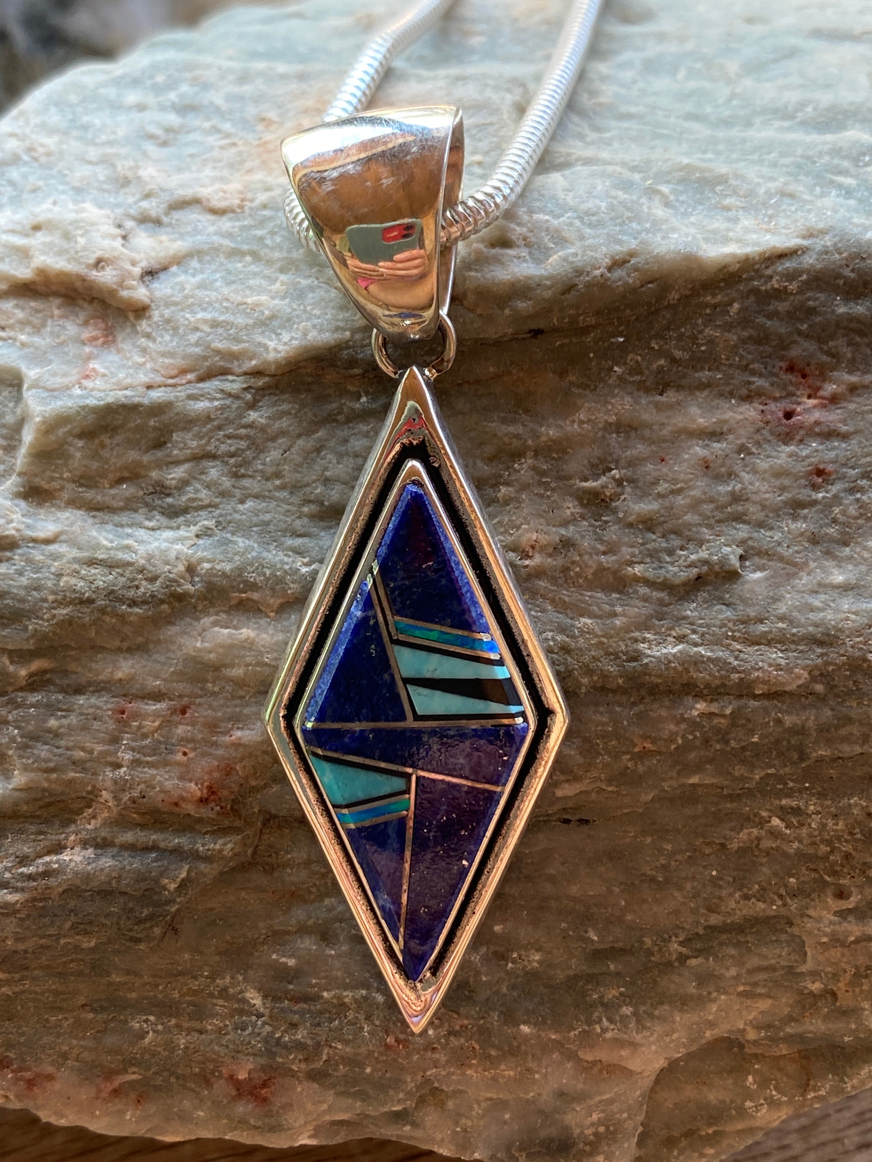 Handcrafted Lapis, Turquoise, Blue Opal Diamond Shape Pendant