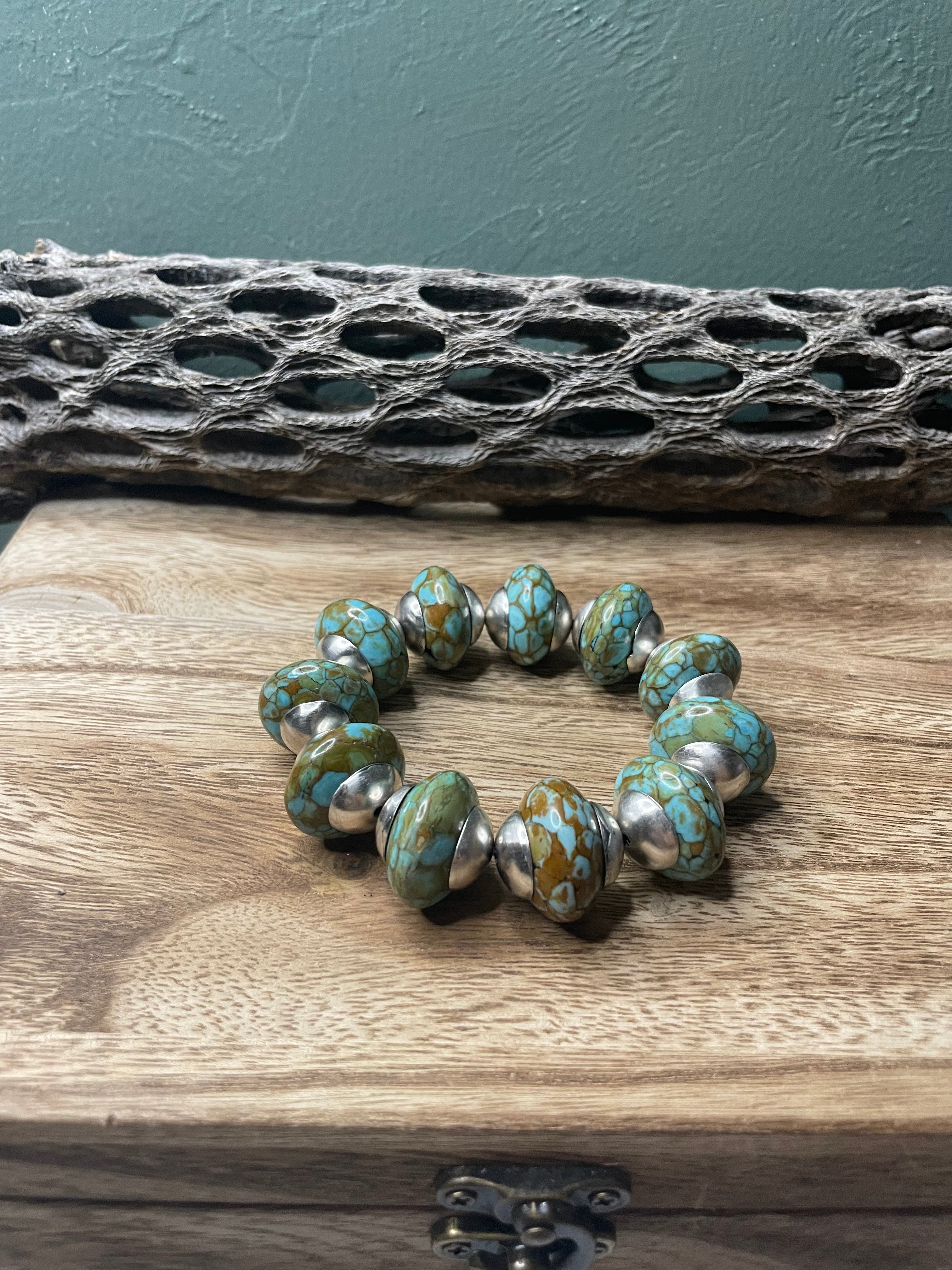 Handcrafted Sterling Silver Stretchy Natural #8 Turquoise Large Beaded Bracelet