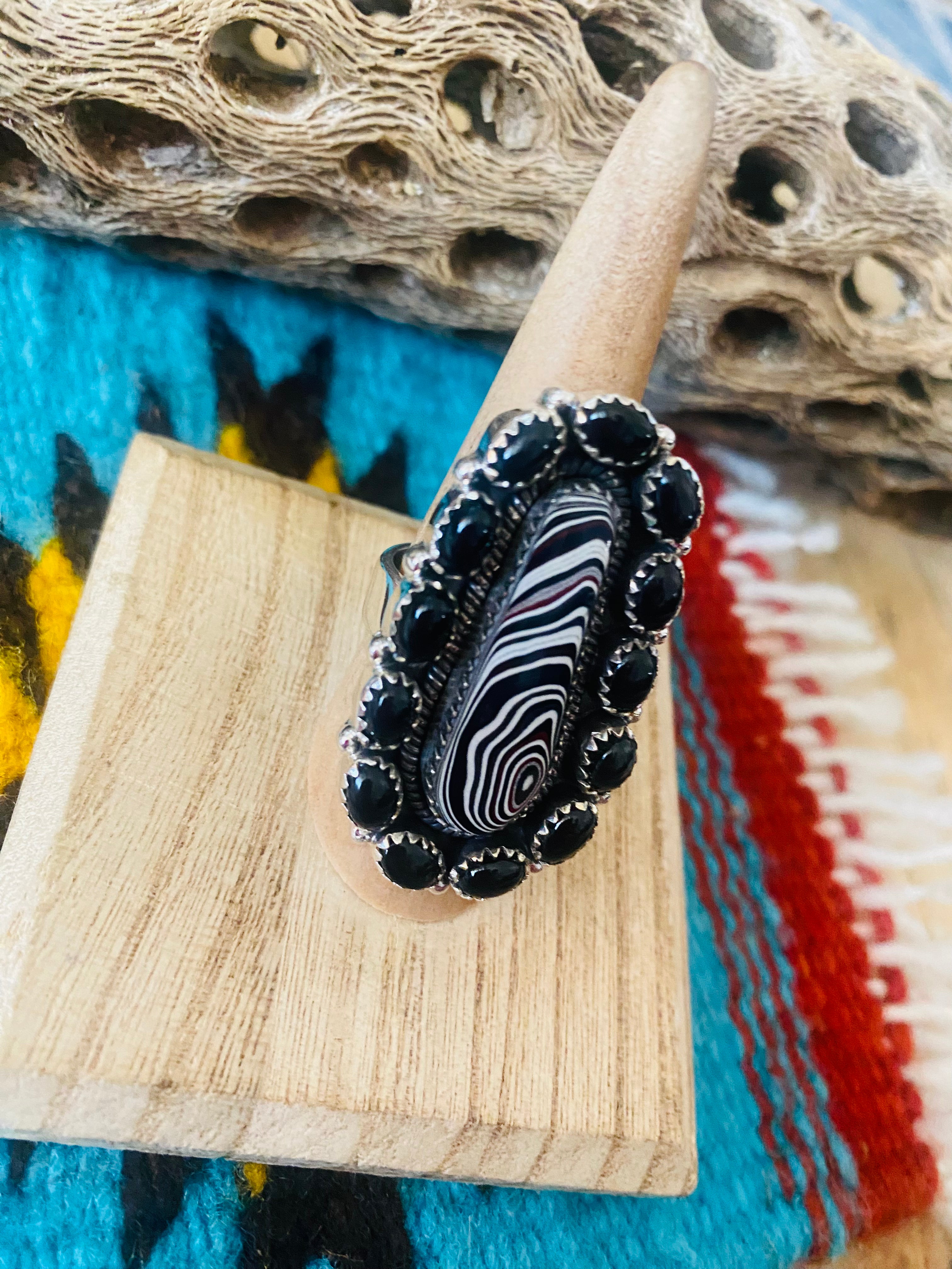 Handmade Sterling Silver, Fordite & Onyx Cluster Adjustable Ring