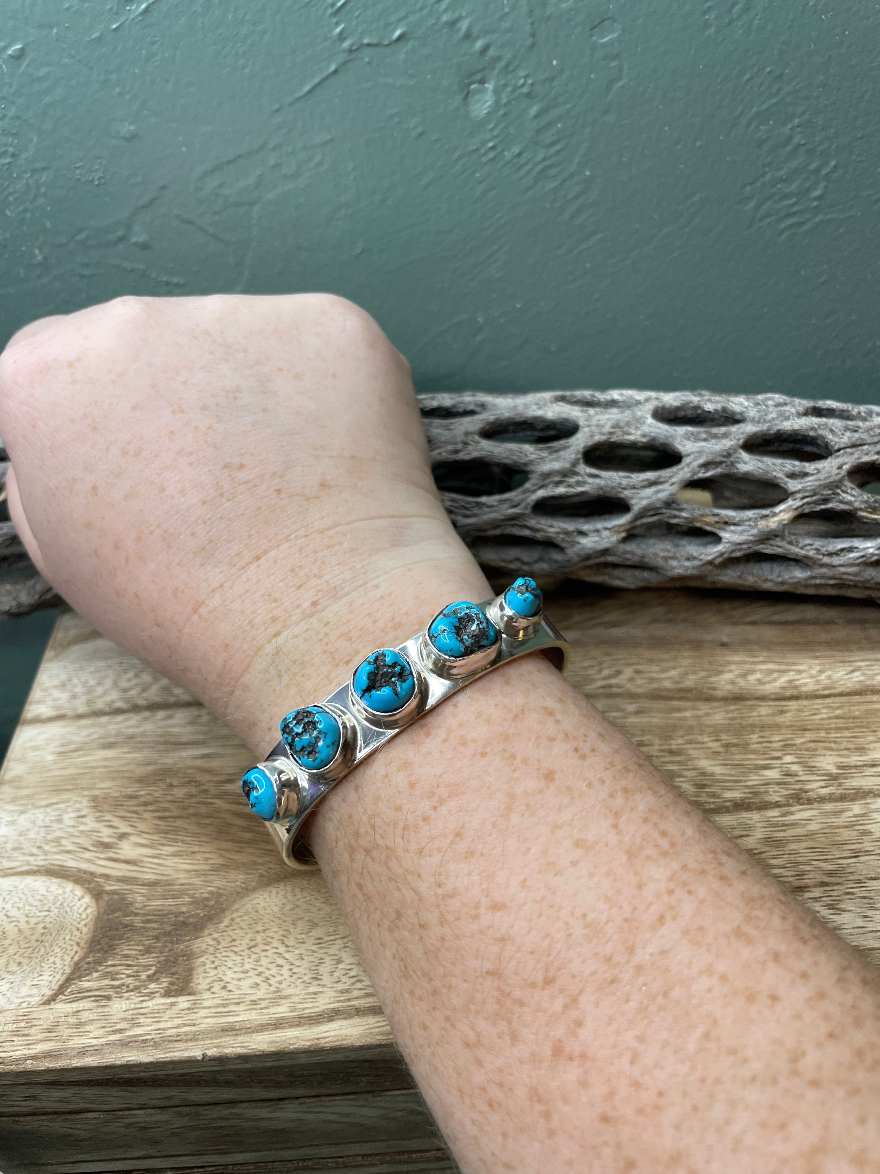 Navajo Sterling Silver 5 Stone Turquoise Cuff Chimney Butte Signed /