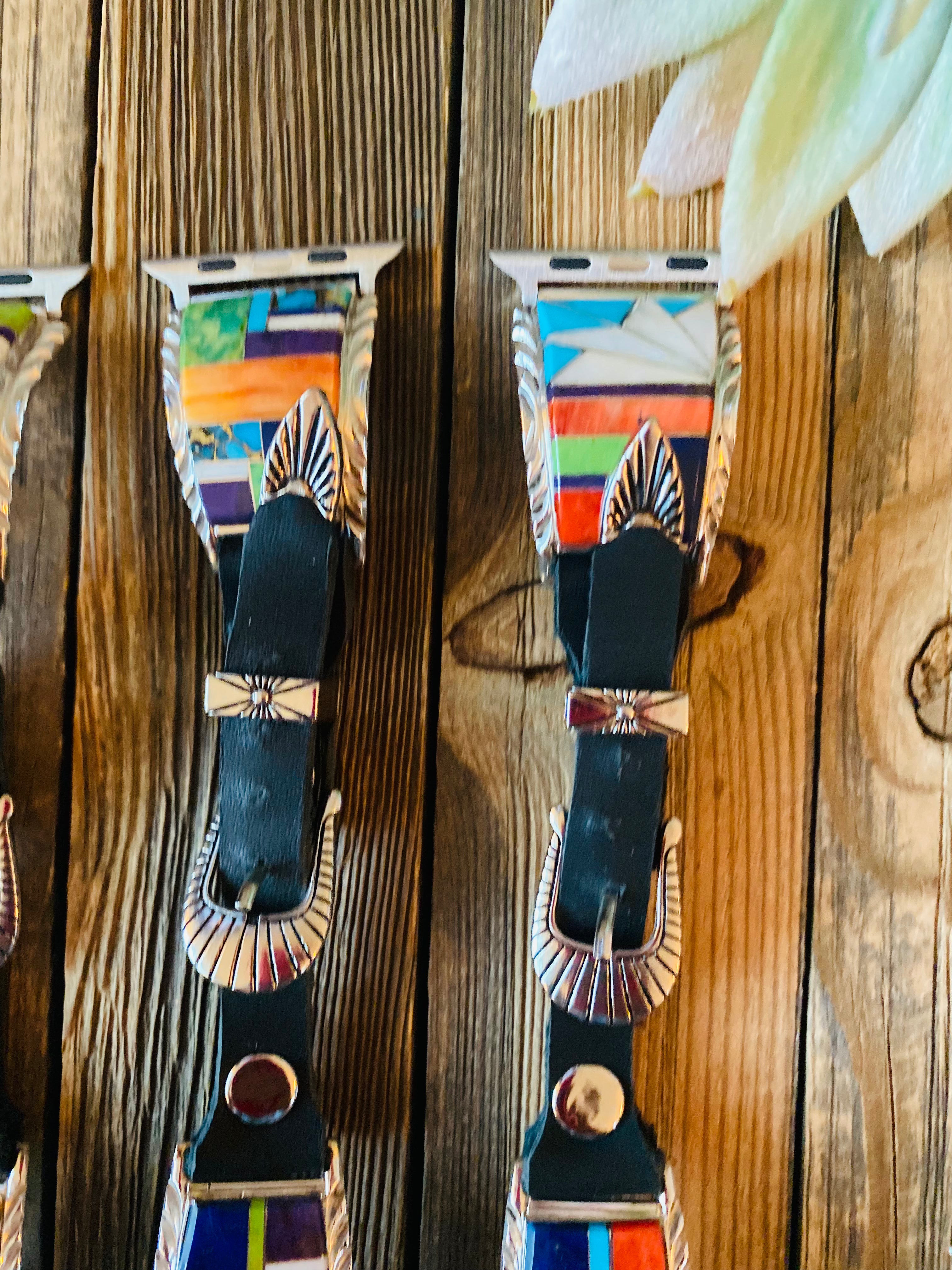 Handcrafted Multi Stone, Sterling Silver & Black Leather Smartphone Watch Band