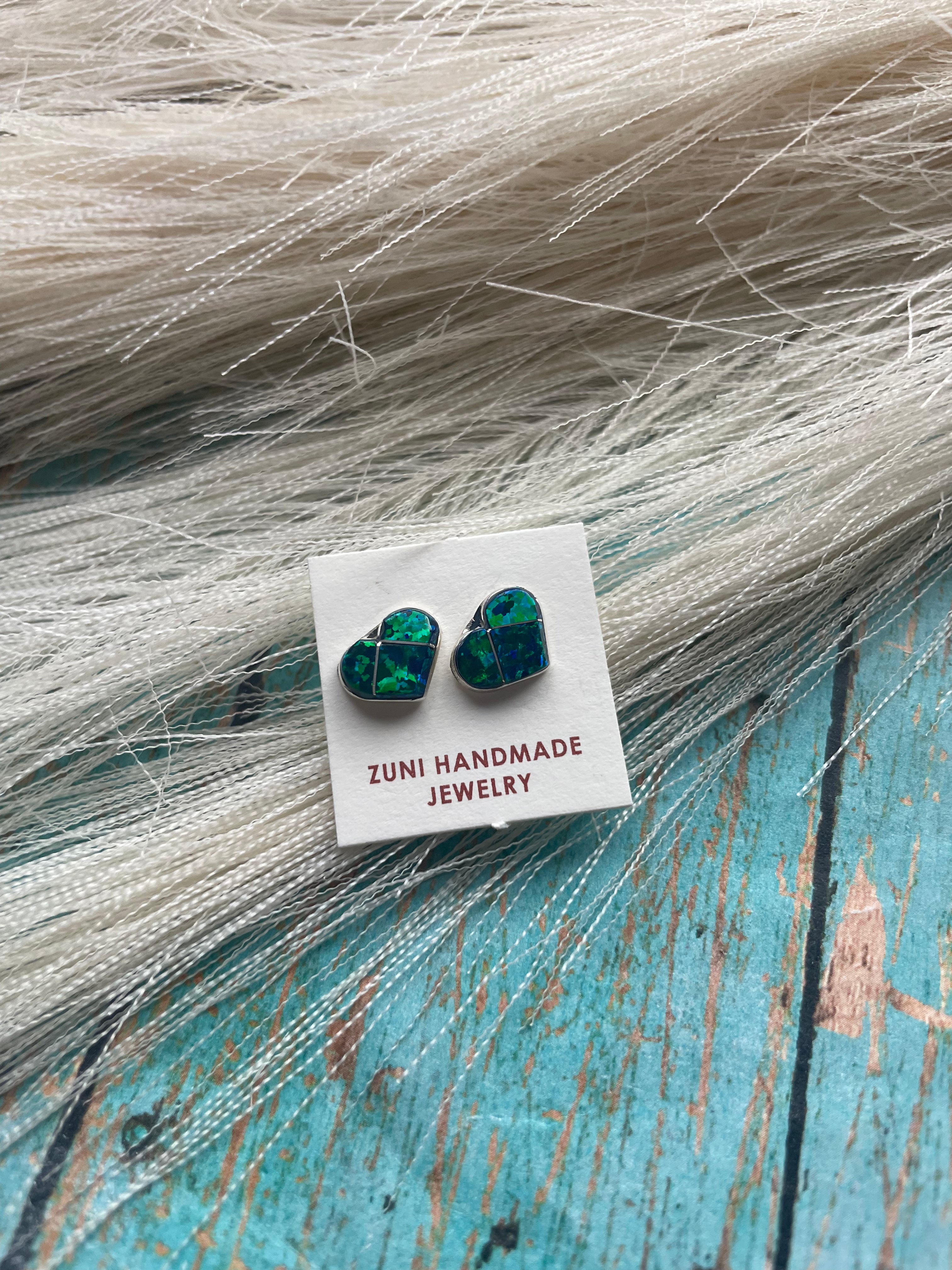 Zuni Sterling Silver & Dark Green Opal Inlay Heart Stud Earrings