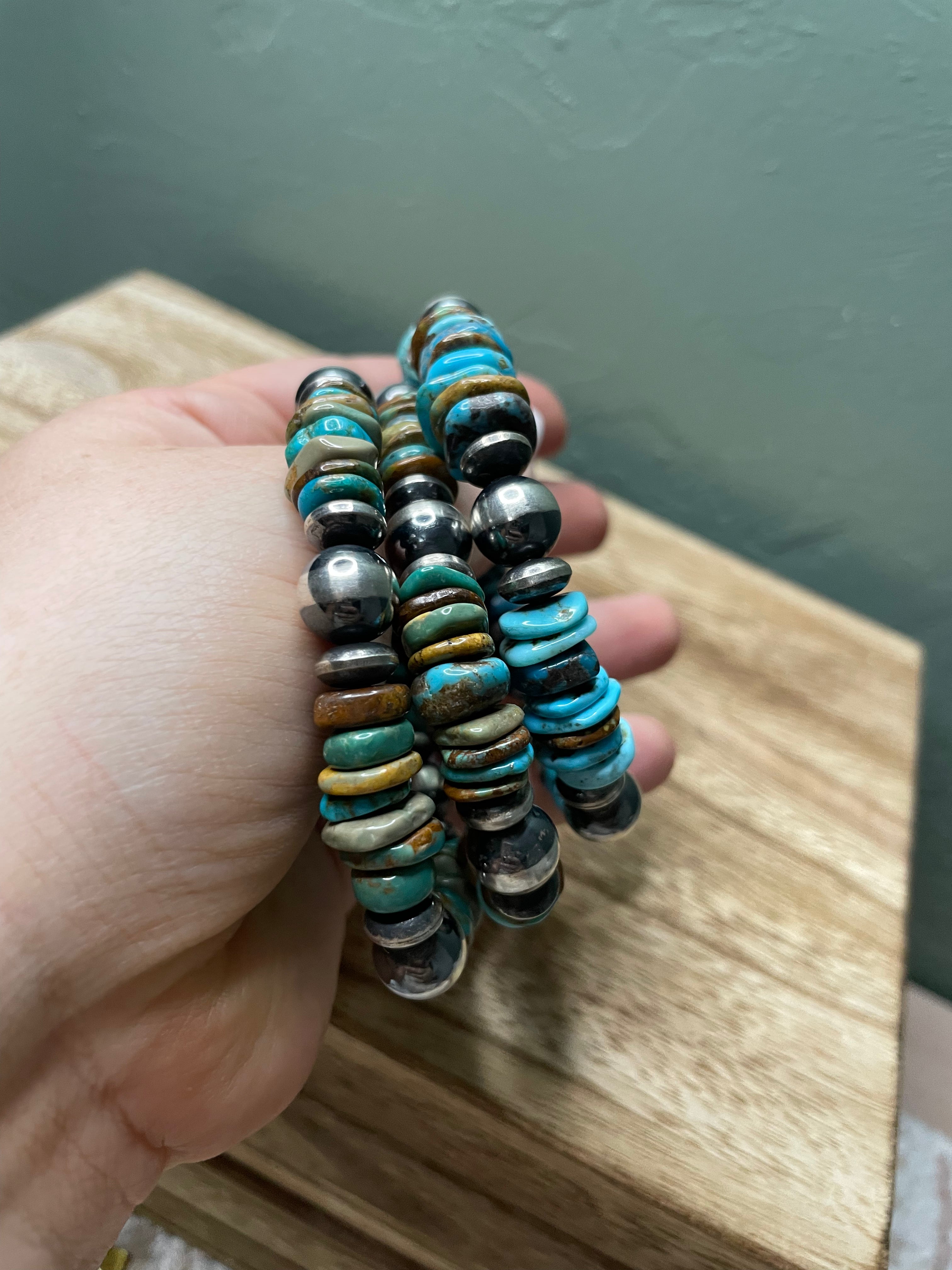 Handcrafted Sterling Silver Stretchy Natural #8 Turquoise Beaded Bracelet