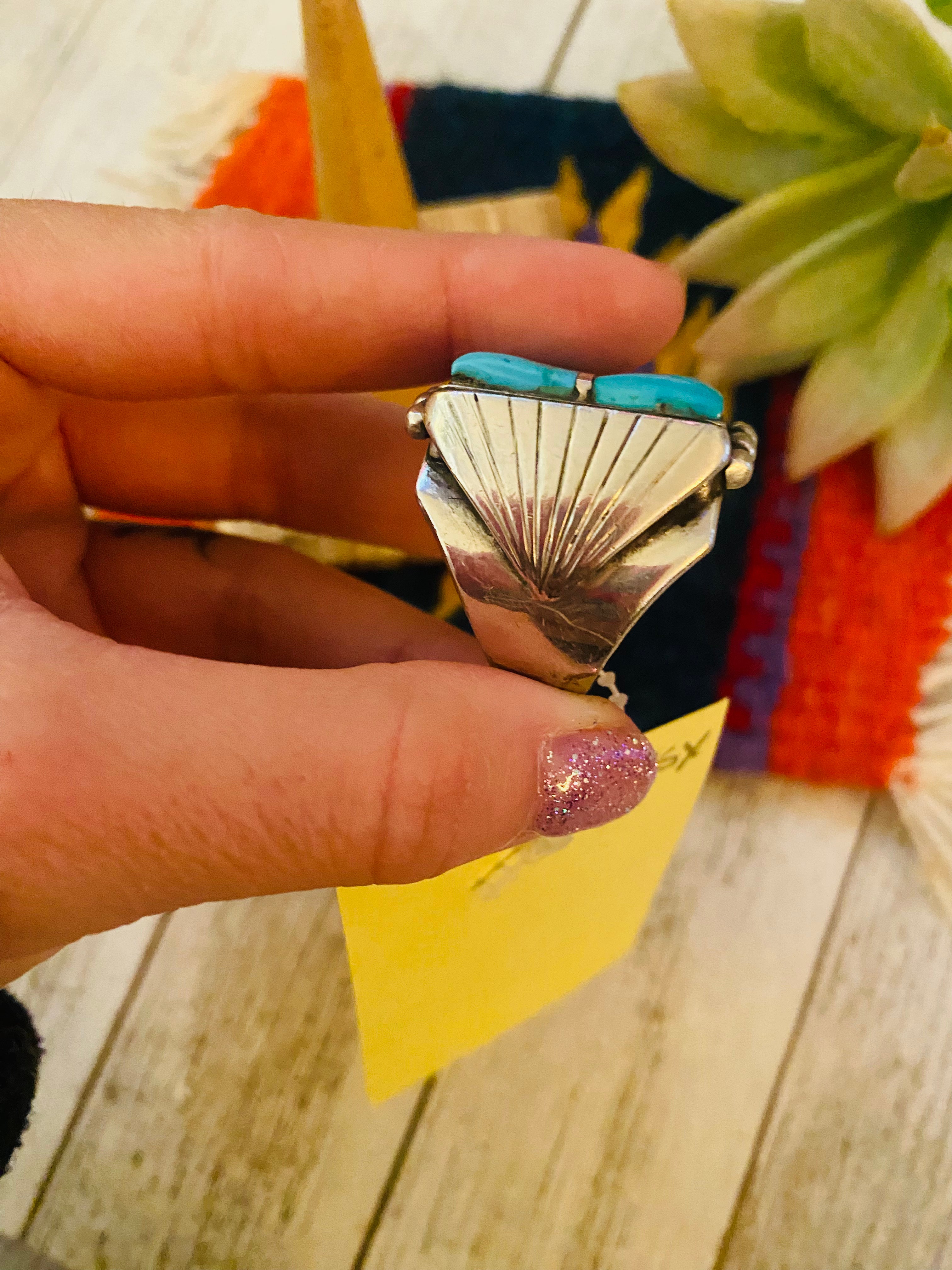 Old Pawn Vintage Handcrafted Sterling Silver & Turquoise Inlay Ring Size 10.5