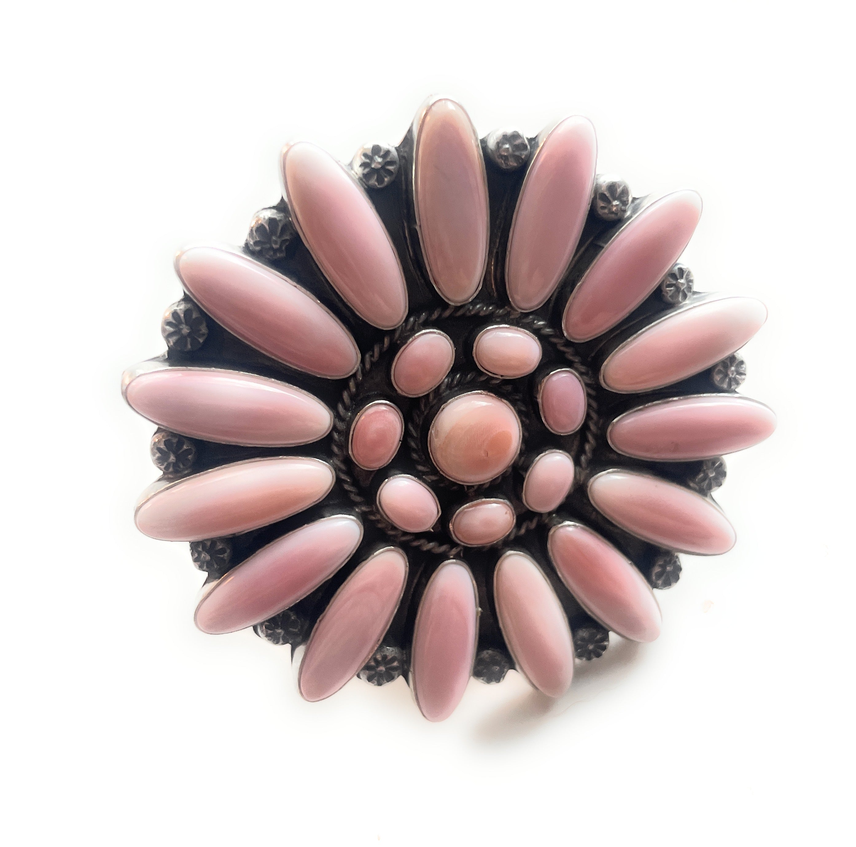 Handcrafted Sterling and Queen Pink Conch Shell Adjustable Statement Ring Signed C Yazzie