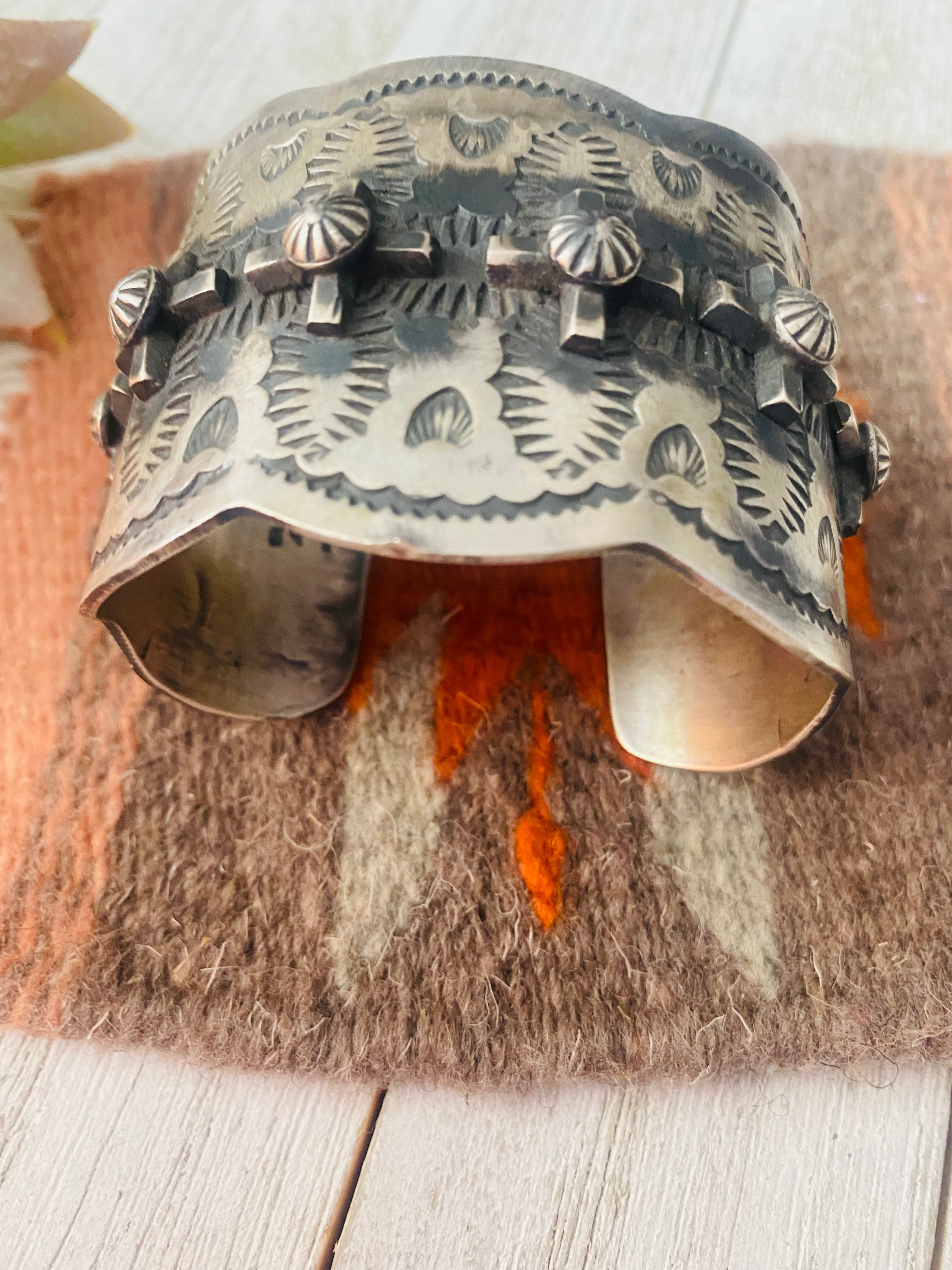 Navajo Hand Stamped Sterling Silver Cross Cuff Bracelet By Chimney Butte
