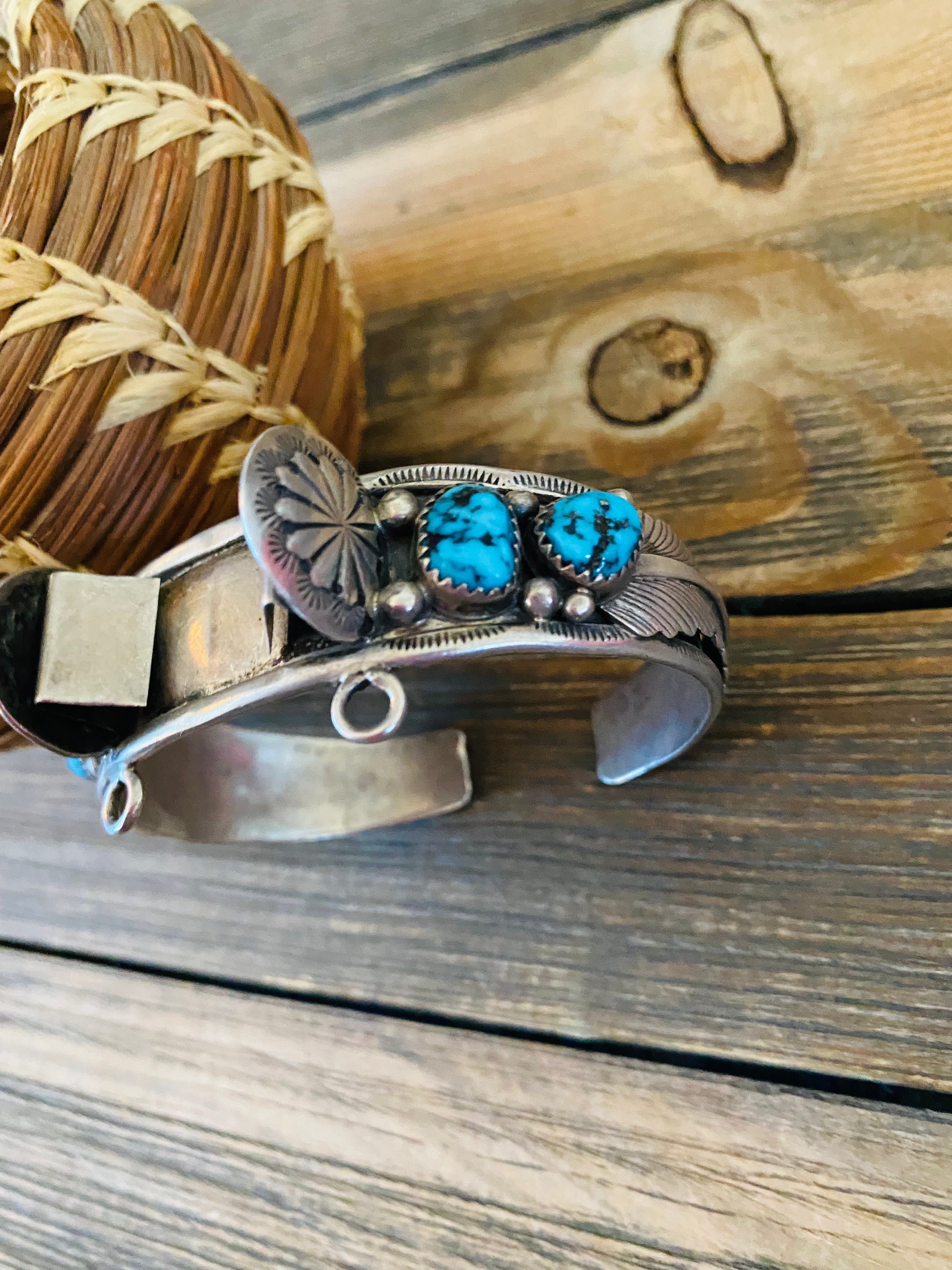 Old Pawn Vintage Navajo Turquoise & Sterling Silver Watch Cuff Signed