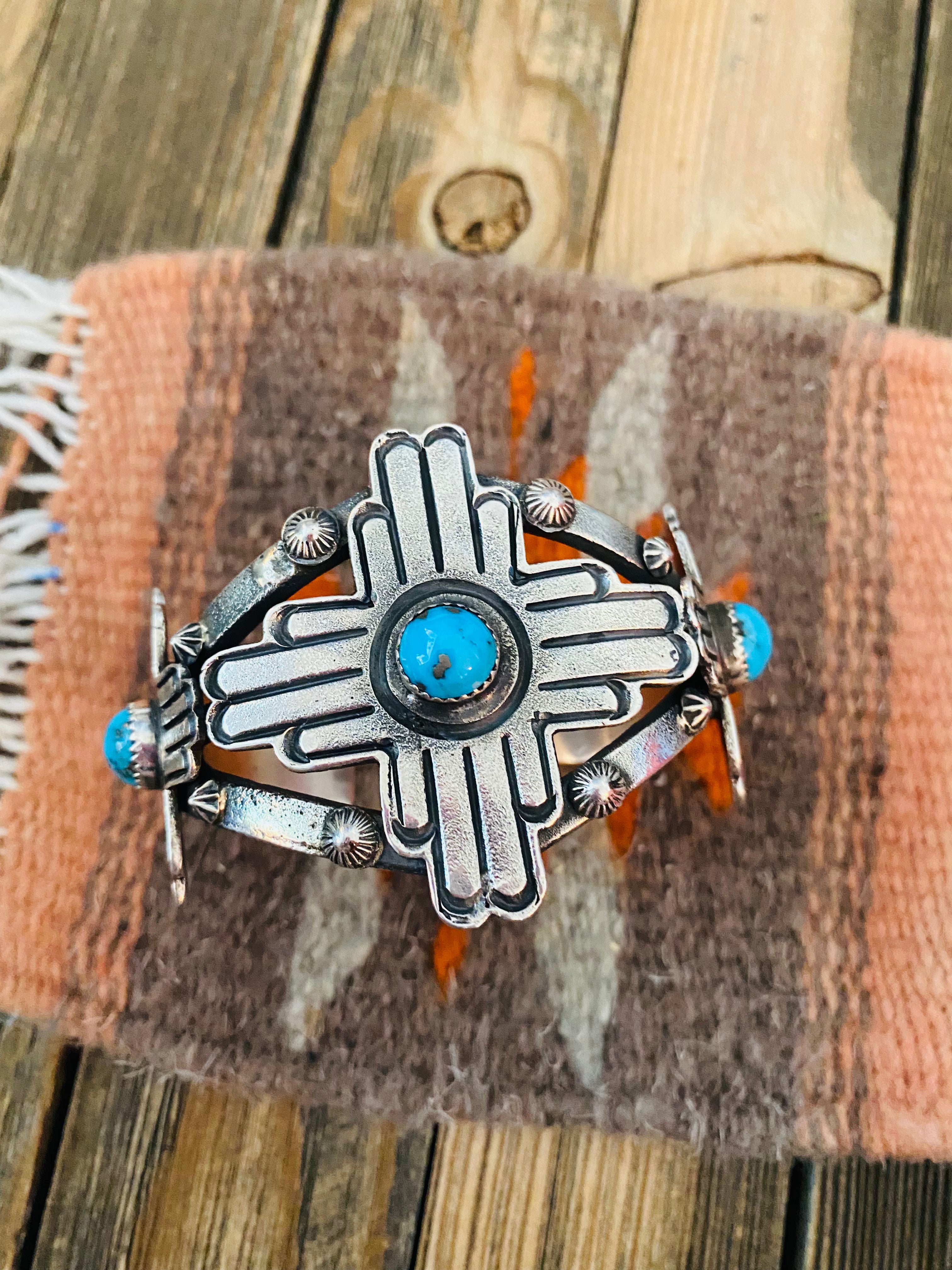 Handcrafted Sterling Silver & Kingman Turquoise Cross Cuff Bracelet By Kevin Billah /