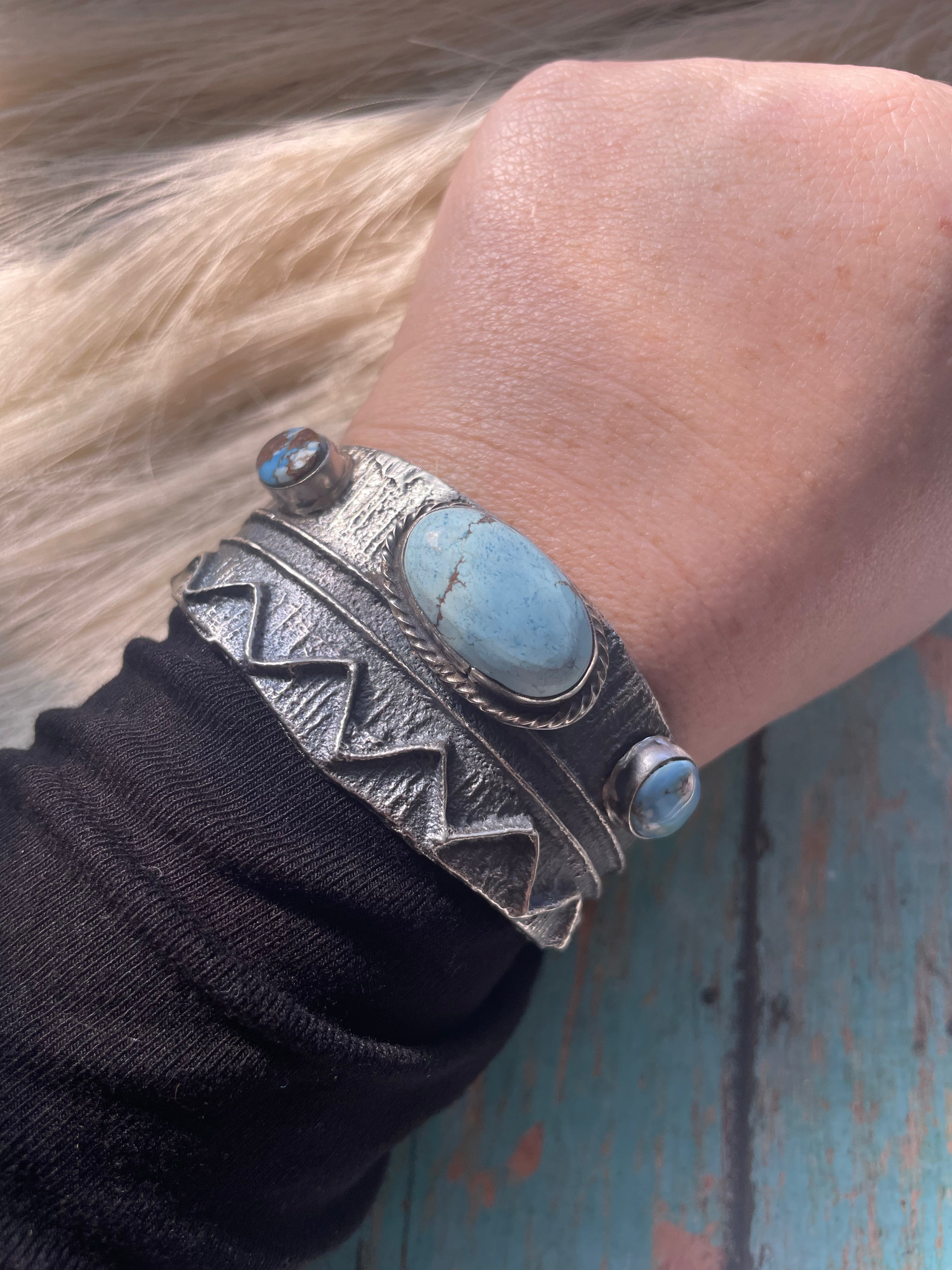 Golden Hills & Sterling Silver Tufa Cast Cuff Bracelet Signed /