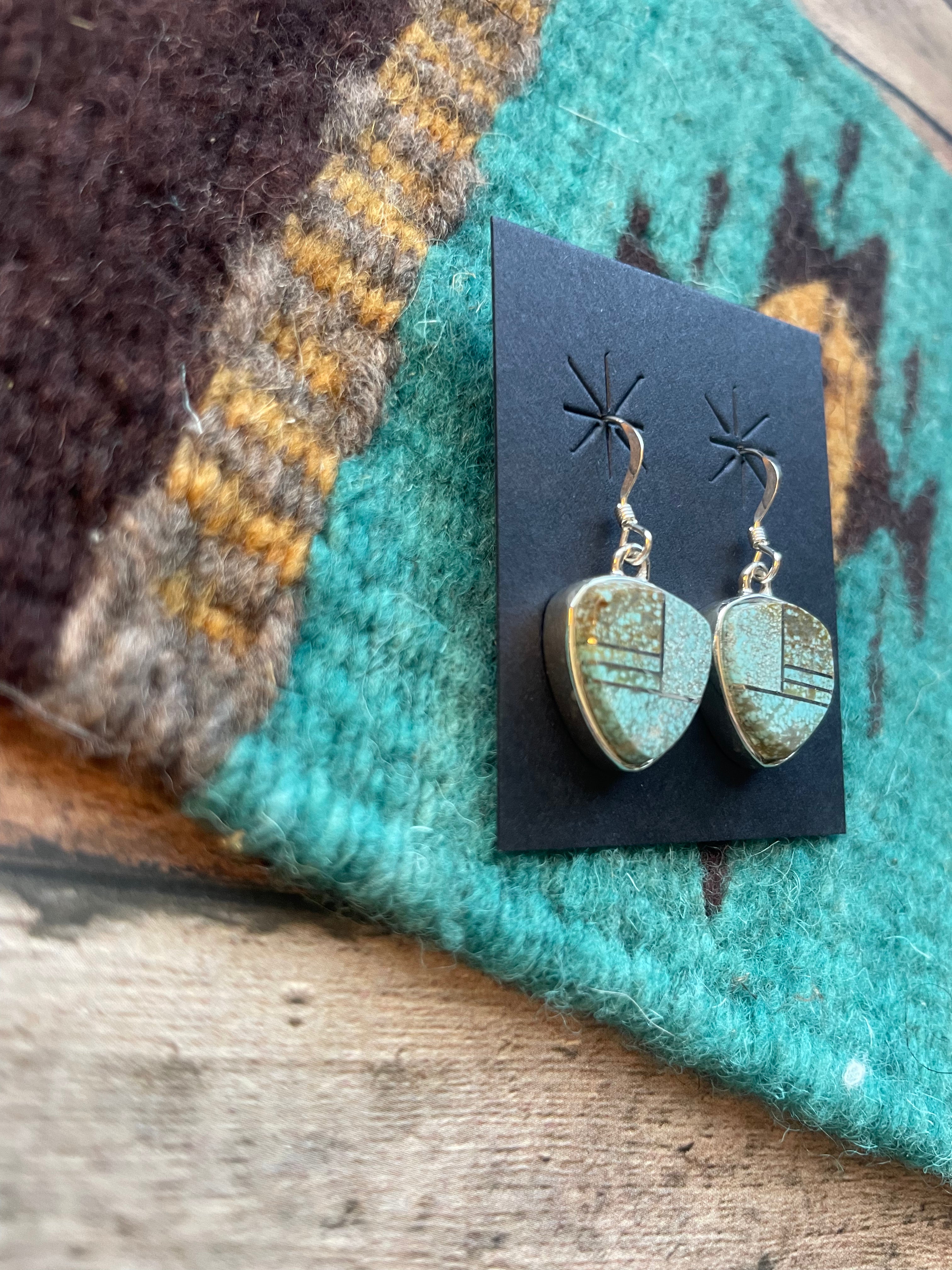 Navajo Number 8 Turquoise & Sterling Silver Inlay Dangle Earrings Signed