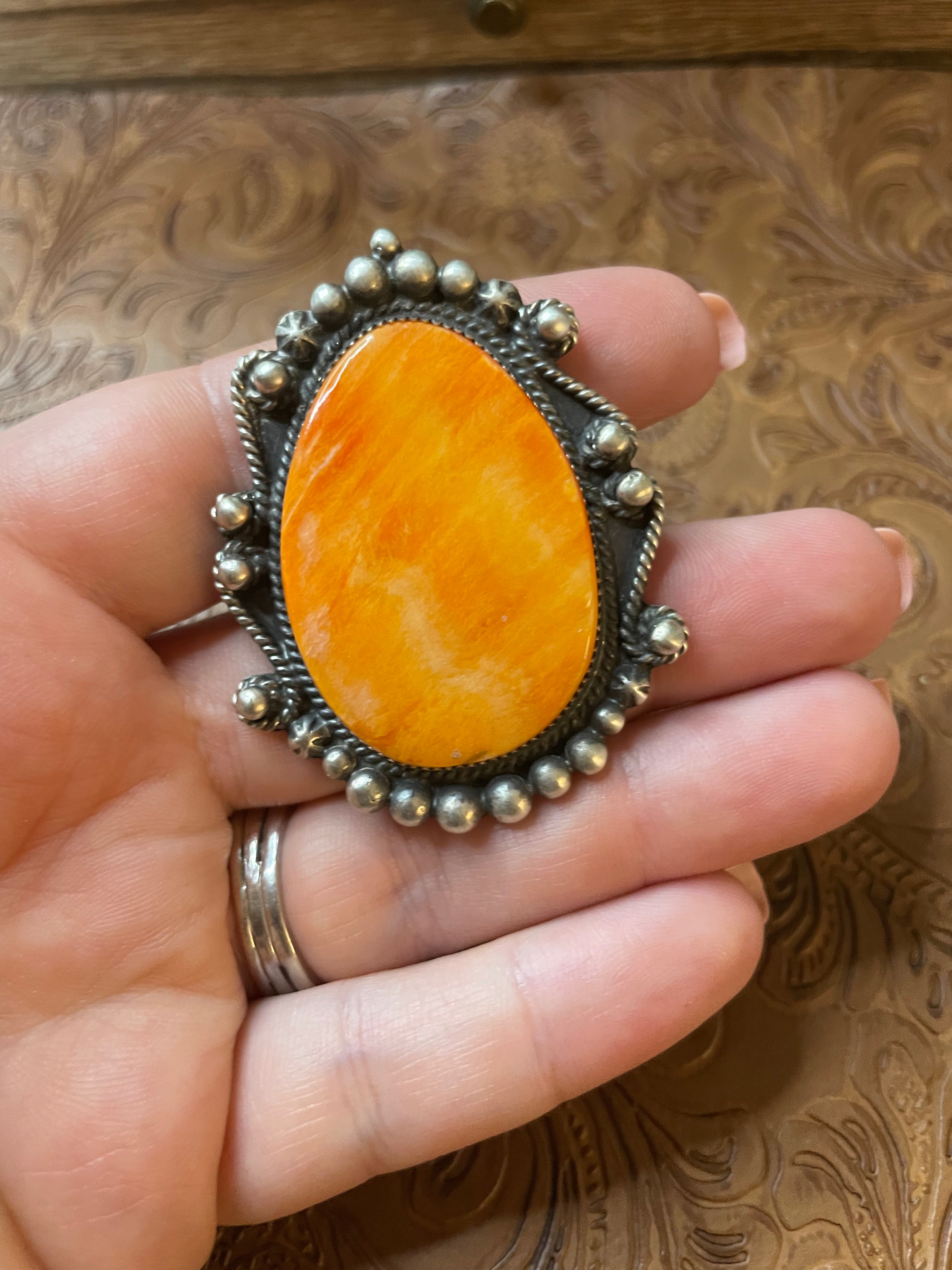 Handcrafted Sterling Silver And Orange Spiny Ring Size 8