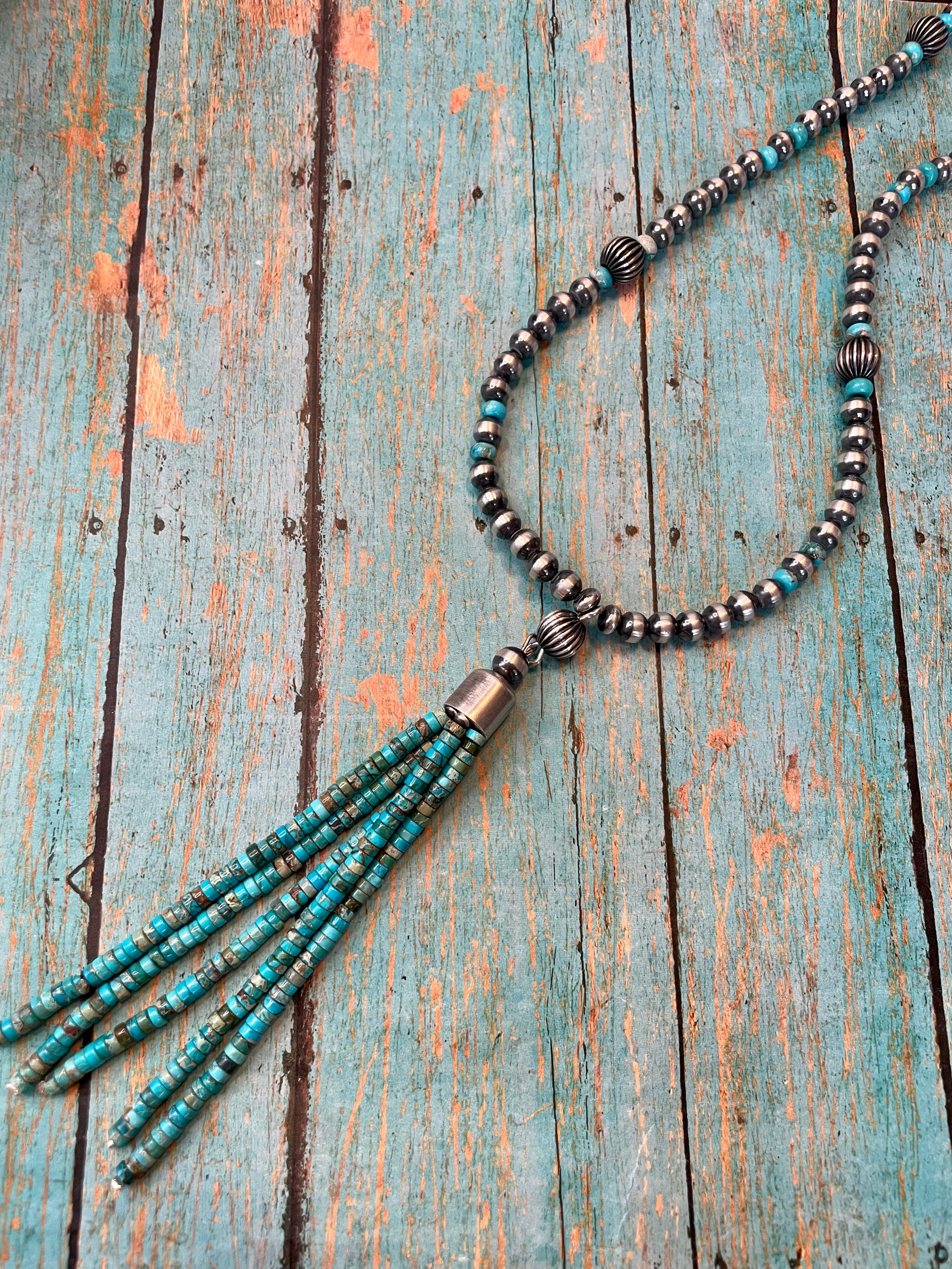 Handcrafted Sterling Silver And Turquoise Beaded Tassel Necklace
