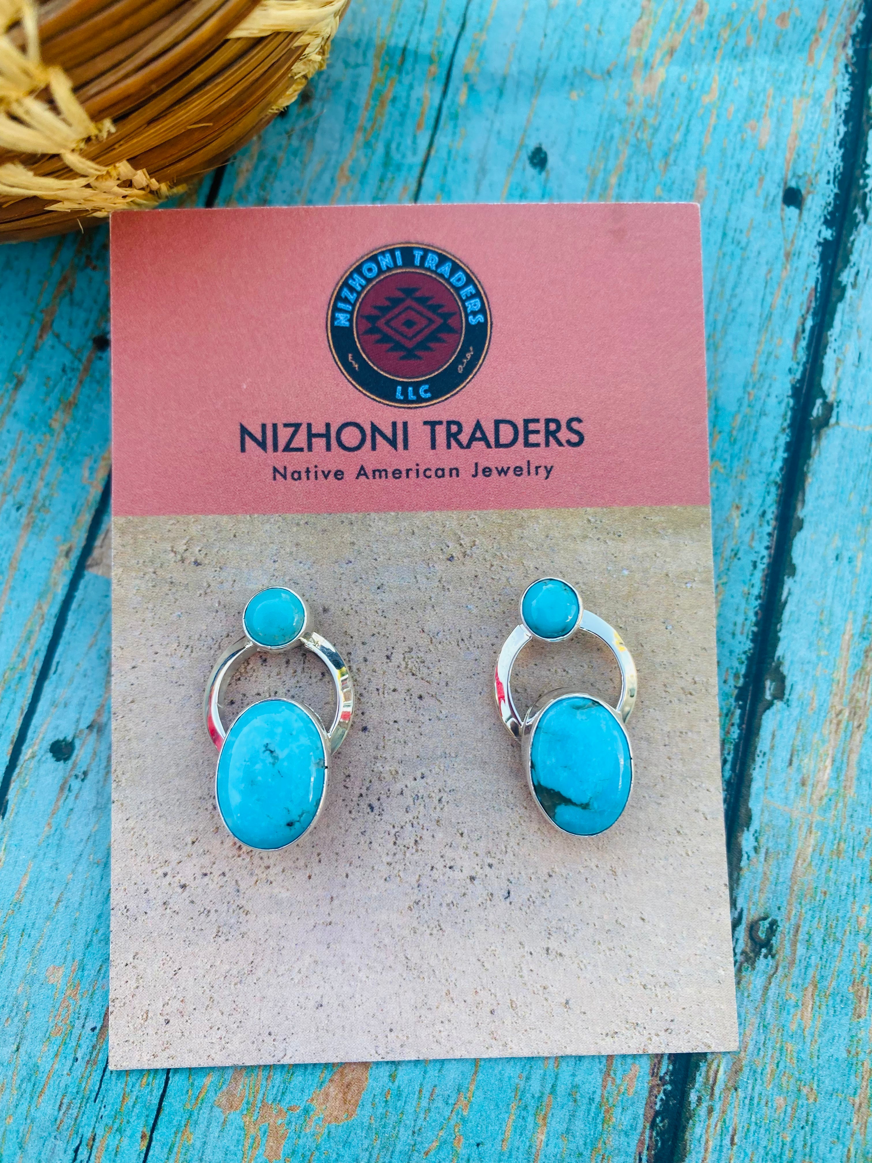 Handcrafted Kingman Turquoise & Sterling Silver Post Earrings Signed