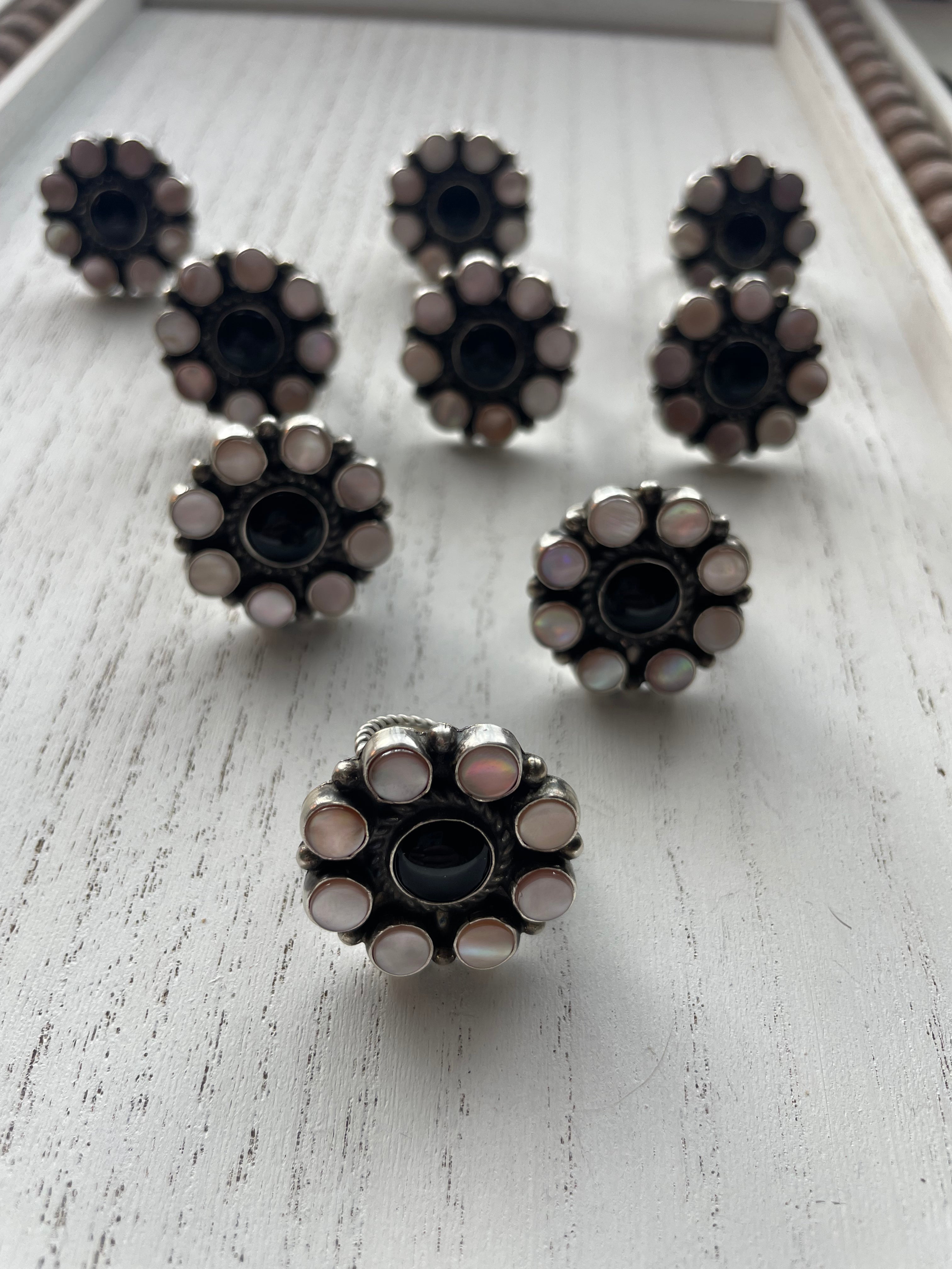 Handcrafted Sterling Silver, Black Onyx, Pink Conch Flower Cluster Adjustable Rings Signed