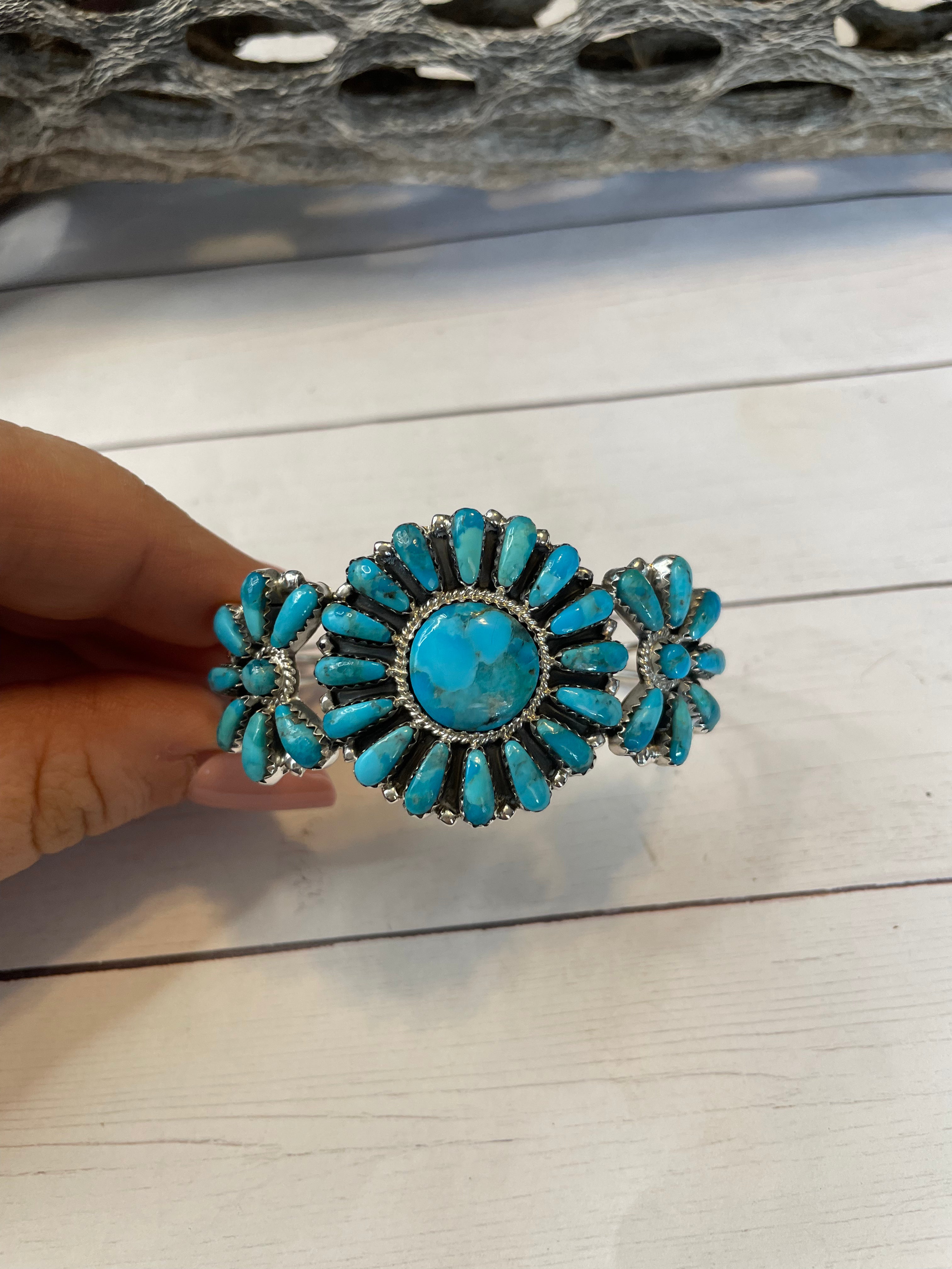 Handcrafted Sterling Silver And Kingman Turquoise Adjustable Cuff Bracelet Signed NF