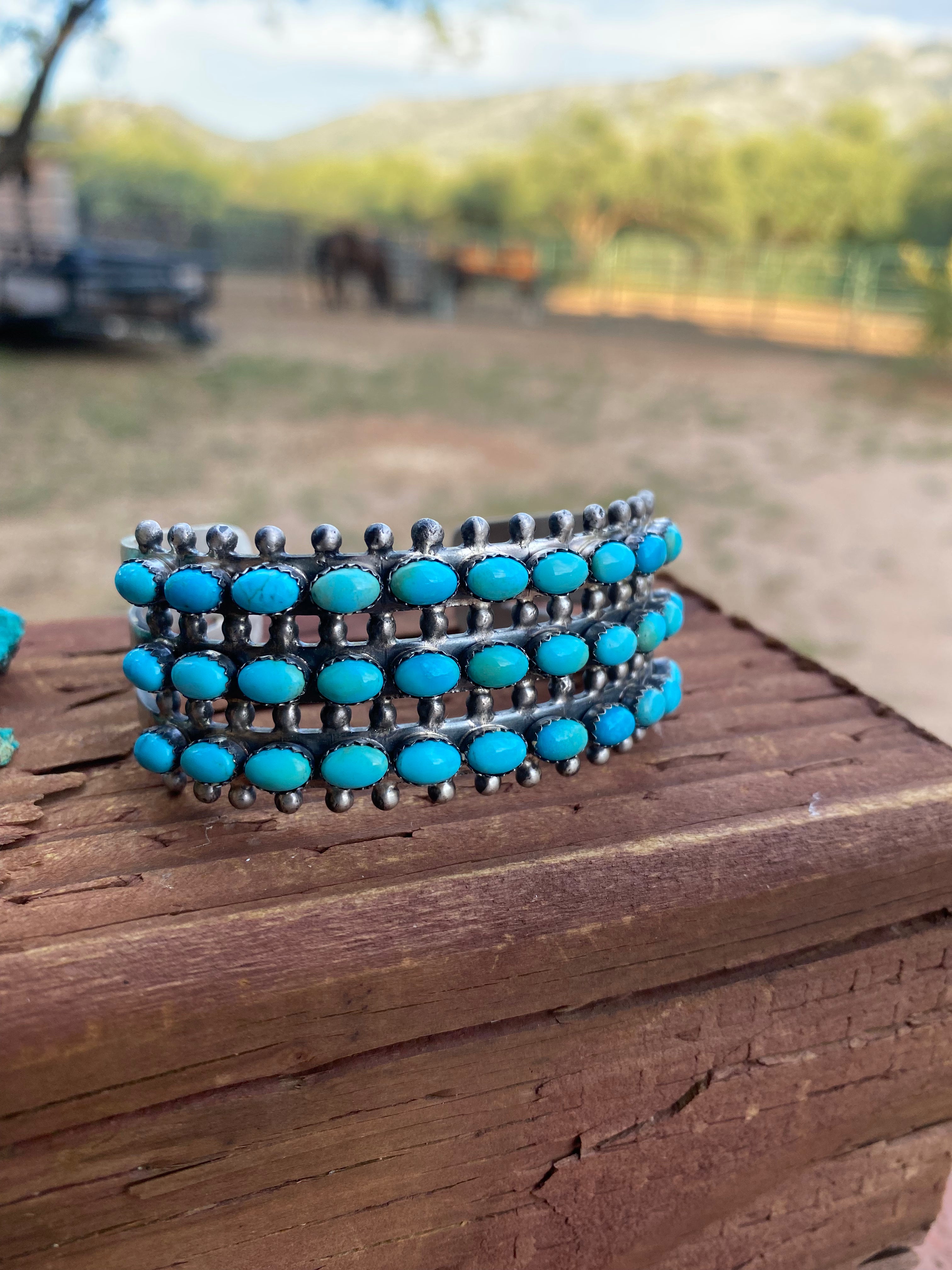 Paul Livingston Sterling Silver Snake Eye Carico Lake Turquoise 3 Row Cuff /