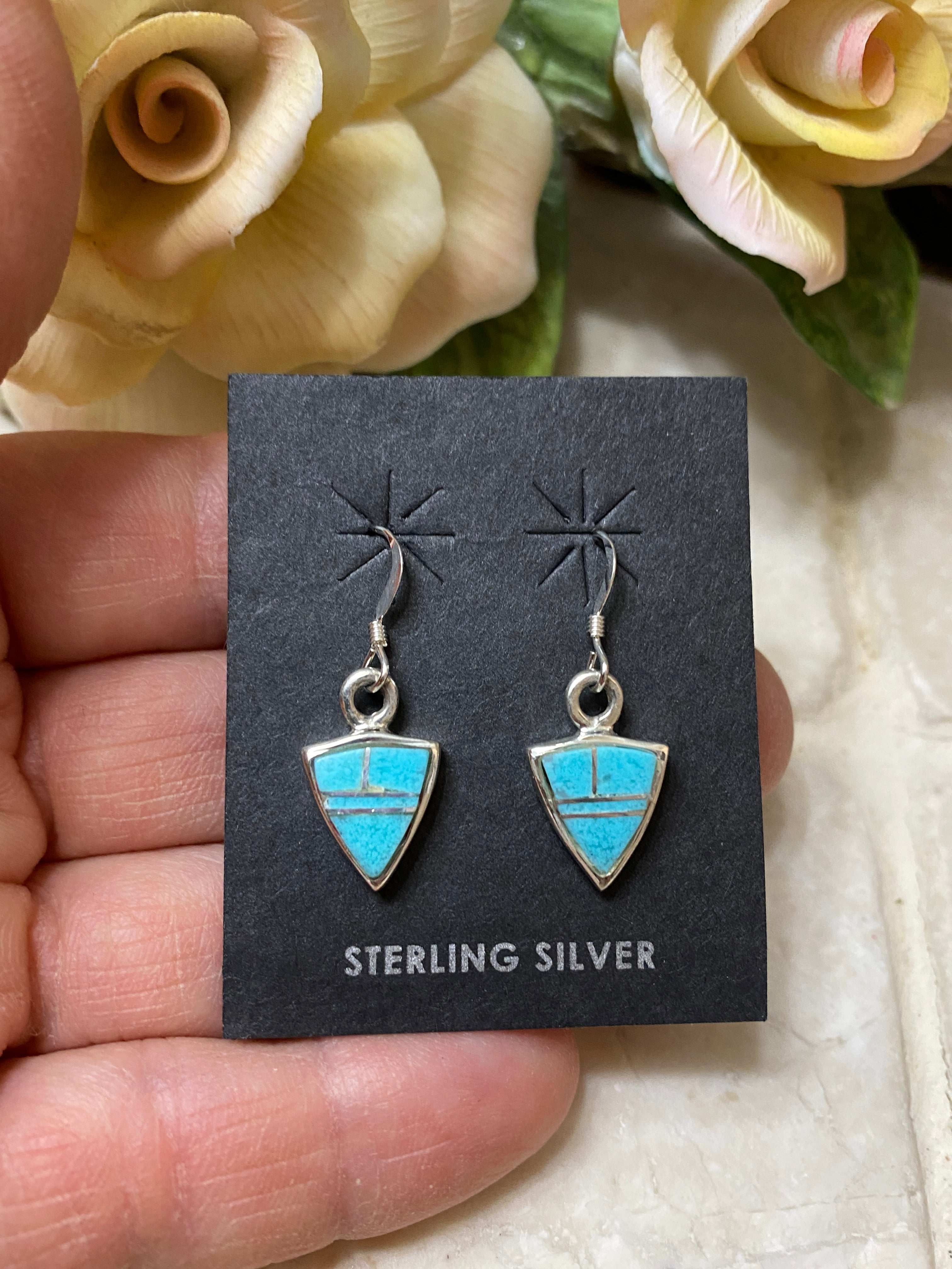 Handcrafted Turquoise 8 & Sterling Silver light blue Petite Triangle Dangle Earrings set 2