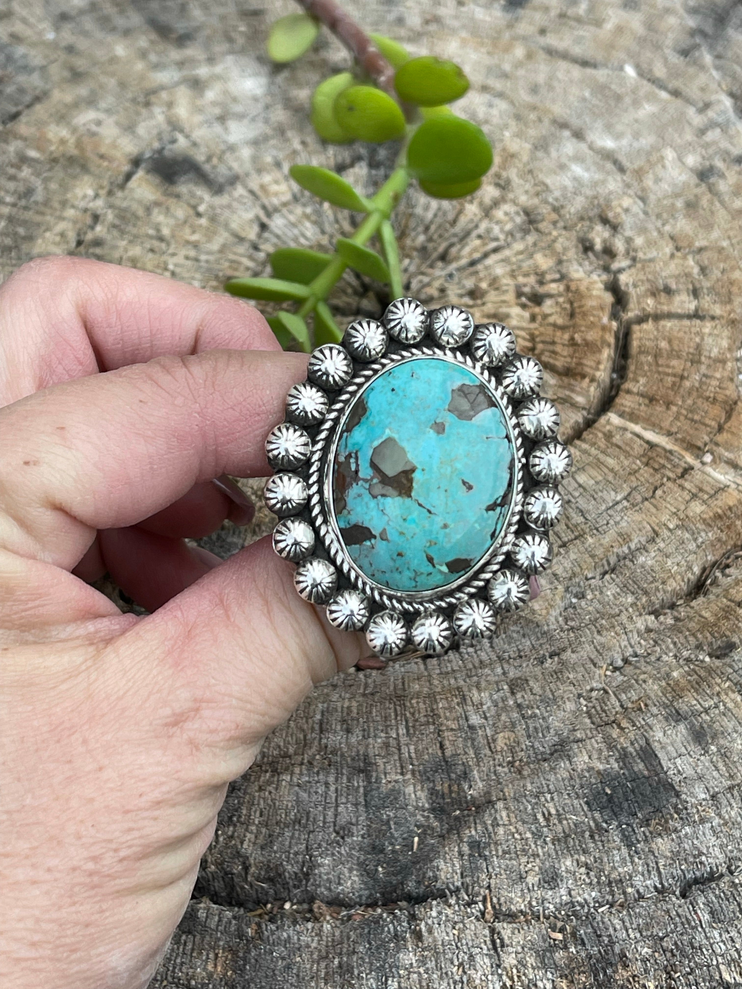 Handcrafted Sterling Silver Turquoise Oval Ring Sz 8