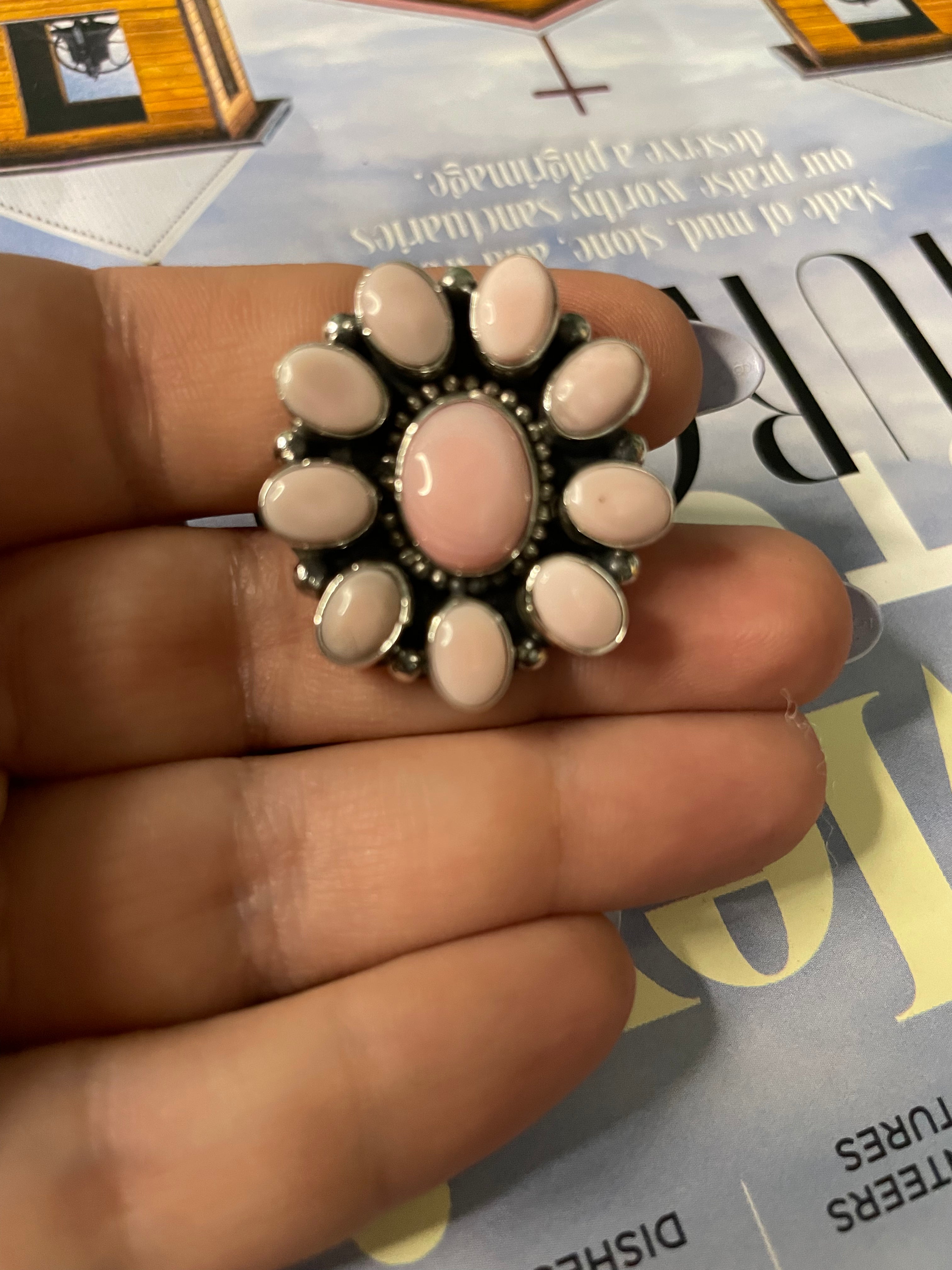 Navajo Pink Conch And Sterling Silver Cluster Ring By Sheila Becenti