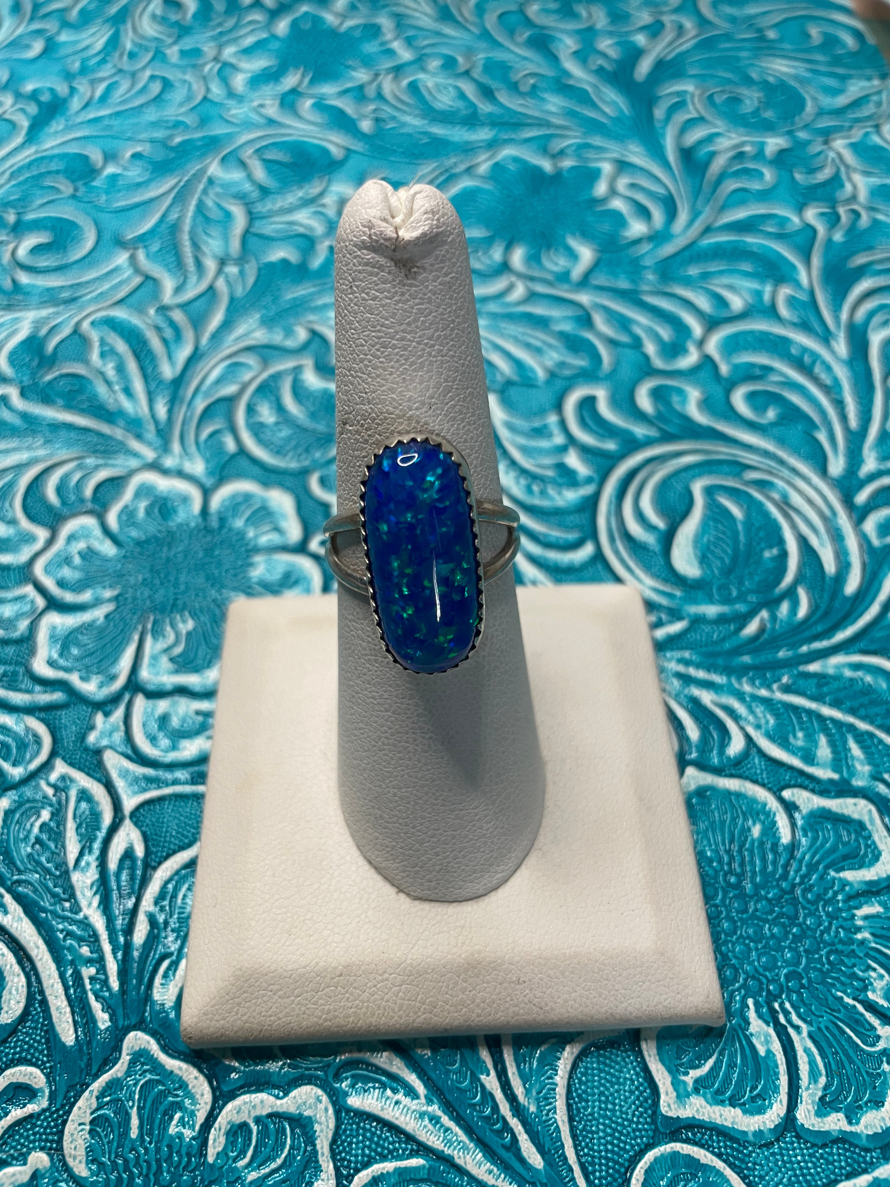 Handcrafted Man Made Sterling Silver & Blue Opal Ring Signed