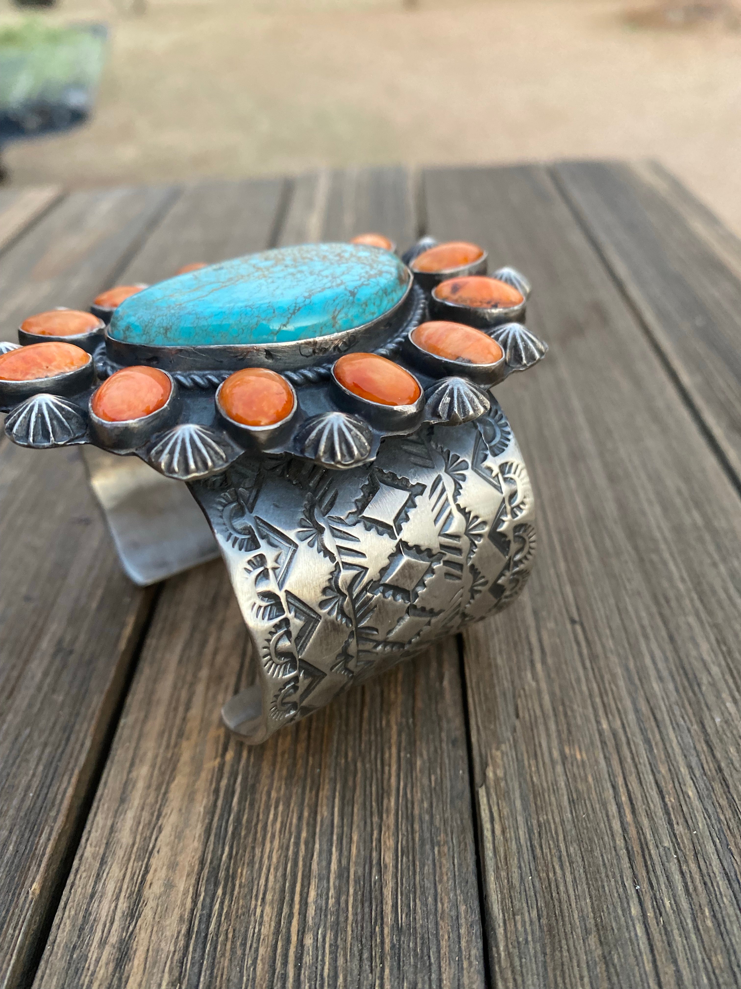 Handcrafted Kingman Turquoise & Spiny Sterling Silver Bracelet Signed /