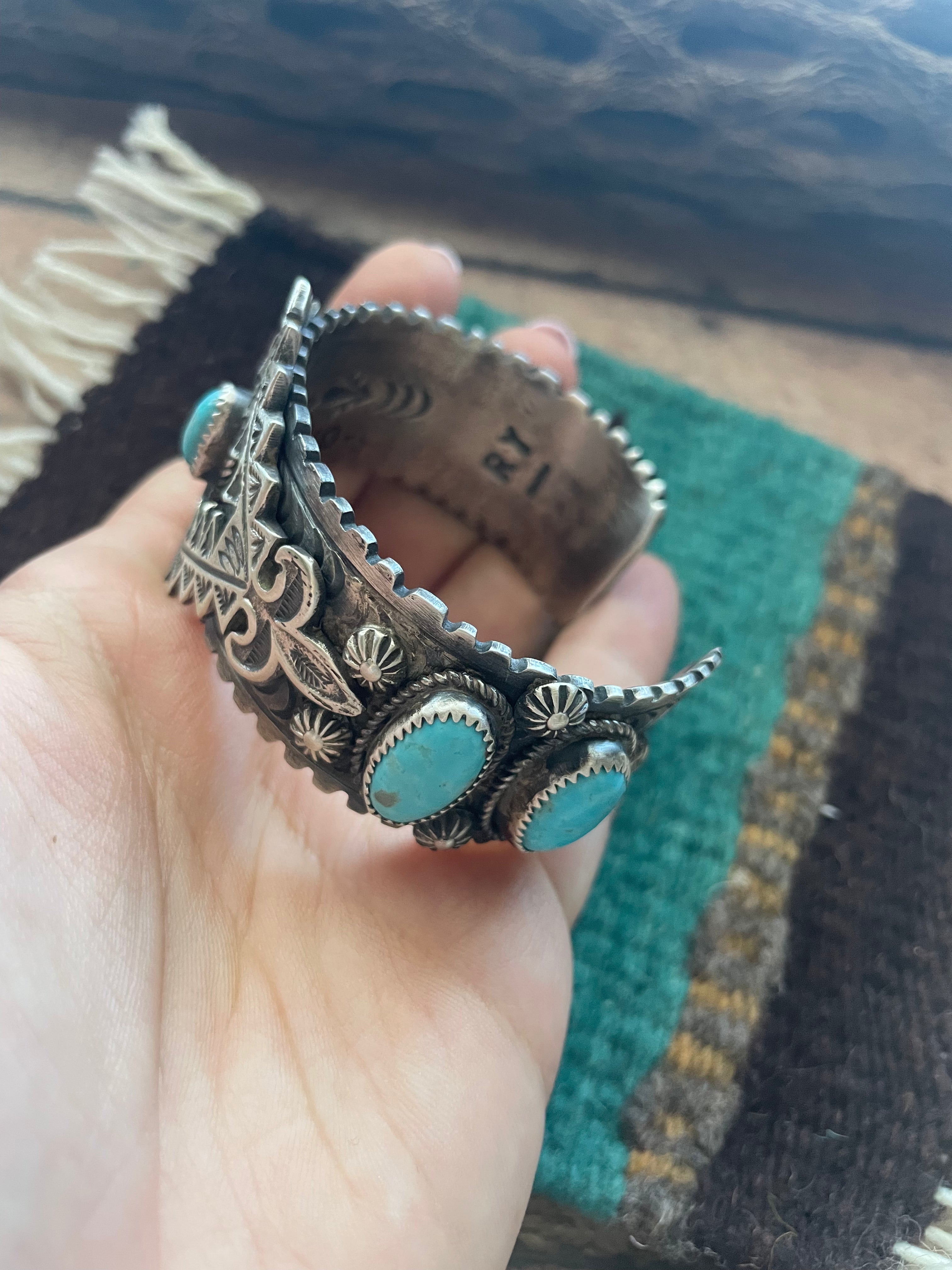 Navajo Sterling Cuff & Kingman Turquoise Cuff Bracelet Signed /