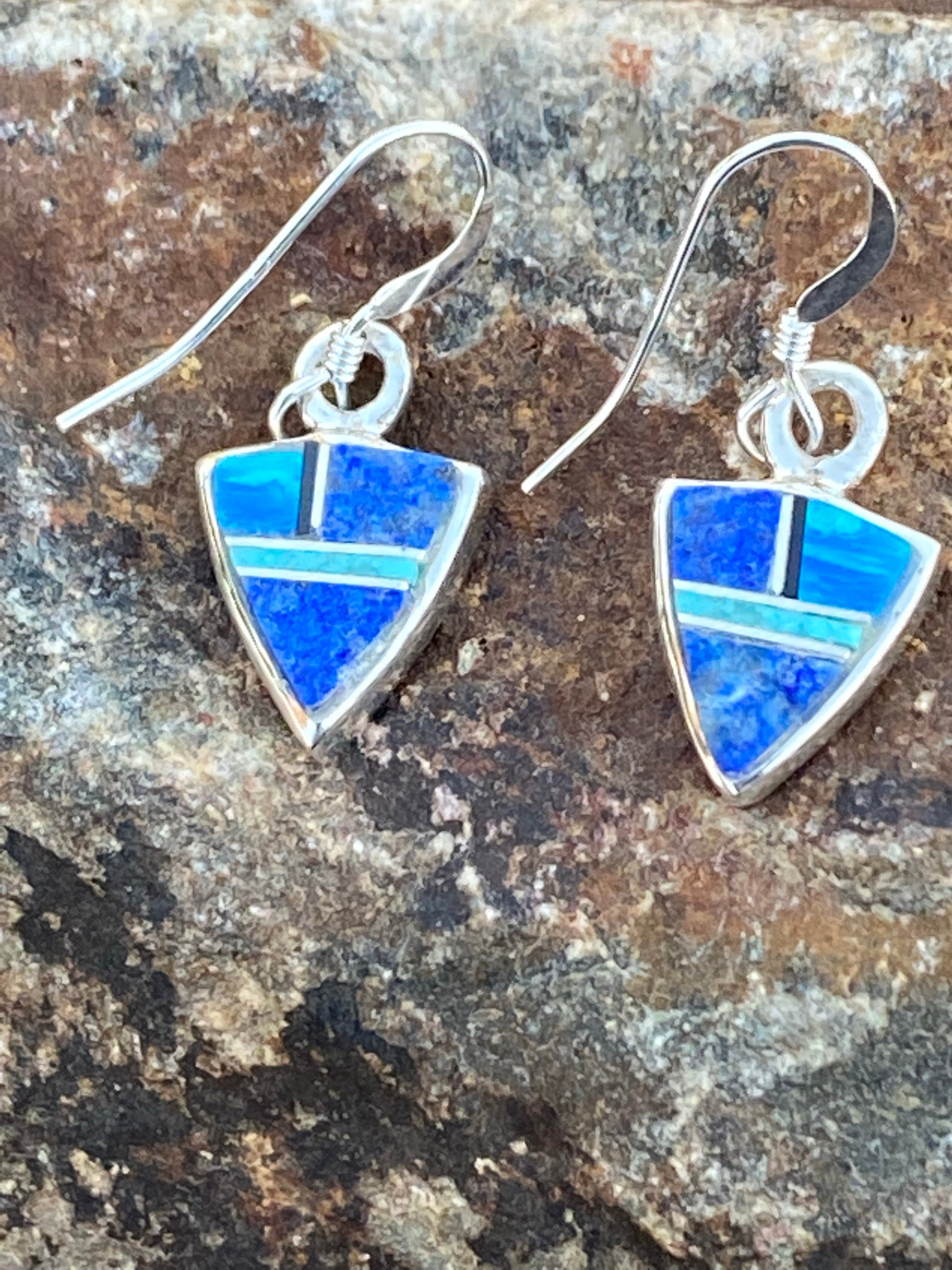 Handcrafted Lapis, Turquoise, Blue Opal Mini Triangle Dangle Earrings