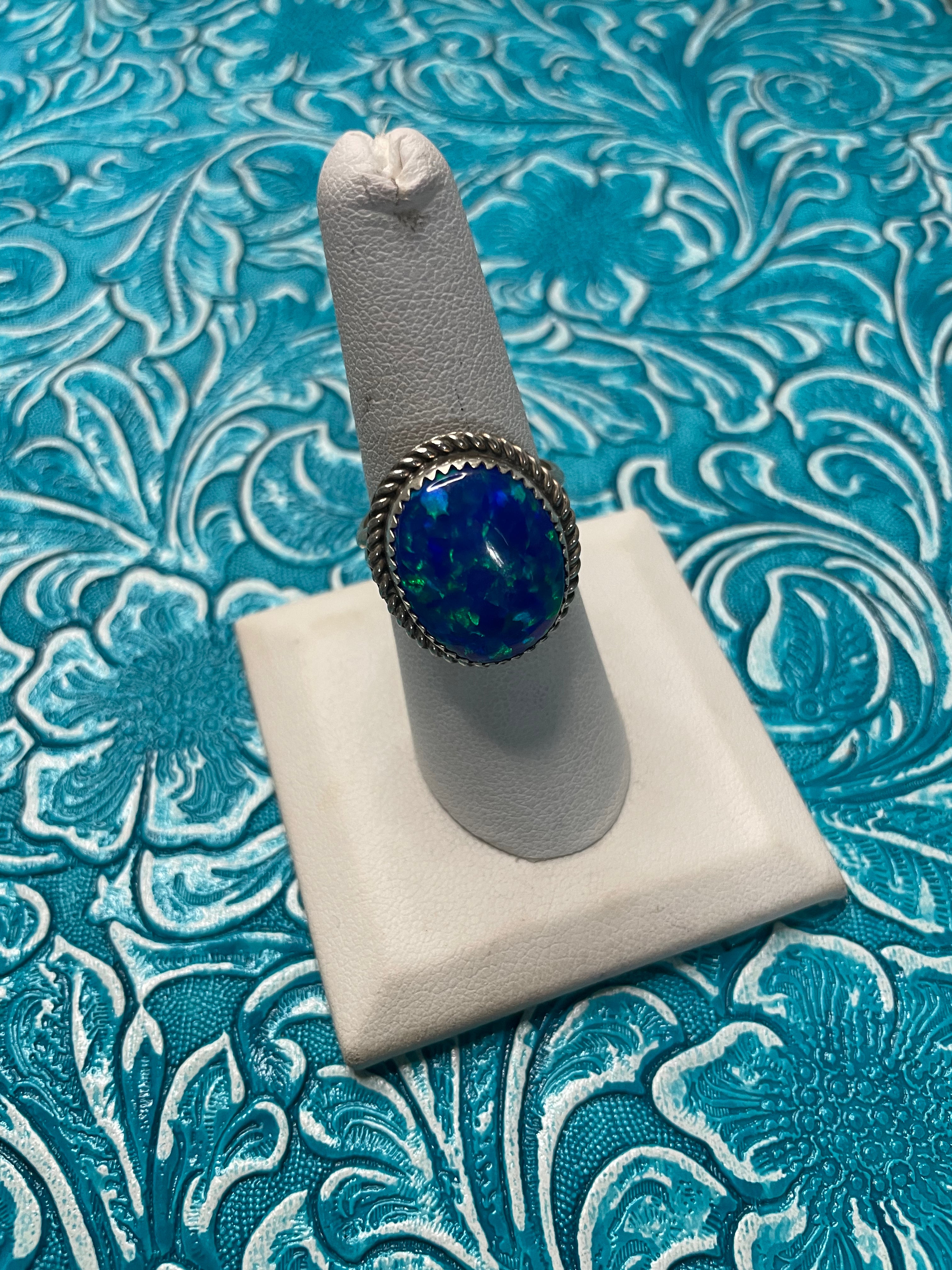 Handcrafted Man Made Sterling Silver & Blue Opal Ring Signed